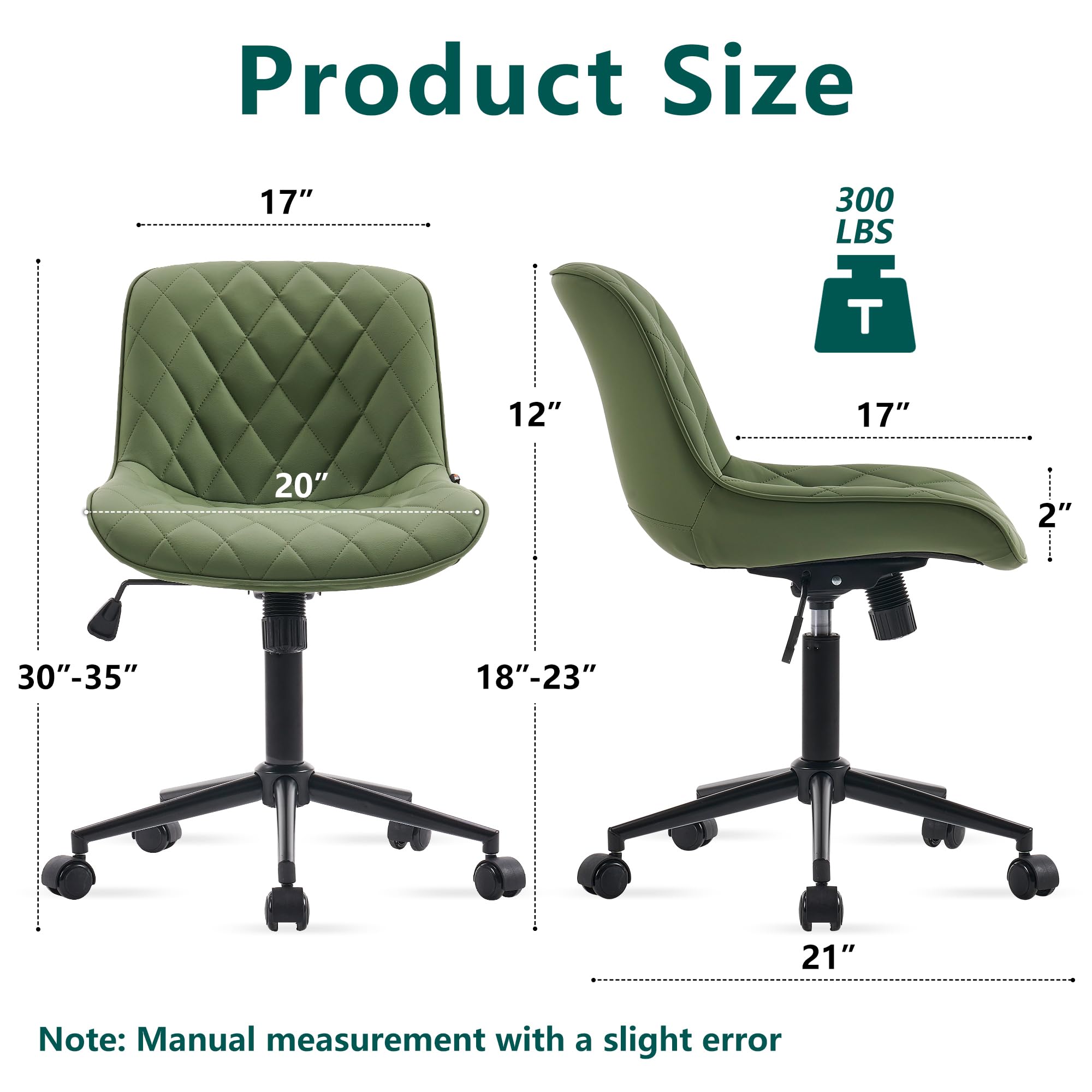 YOUNUOKE Armless Desk Chair - Comfortable Home Office Computer Chair with Wheels, Swivel Rolling Task Chair, Modern Upholstered Executive Vanity Chair in Olive - Perfect for Small Spaces, Gaming & Workstations