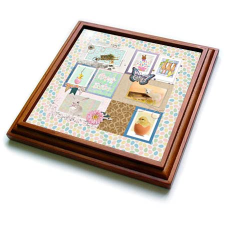 8x8 Trivet with 6x6 Ceramic Tile - Easter Bunny, Eggs, Lamb, Cupcake, Chicks Collage in Pastel Colors - Perfect for Easter Decor, Kitchen Hot Pads, and Holiday Table Settings
