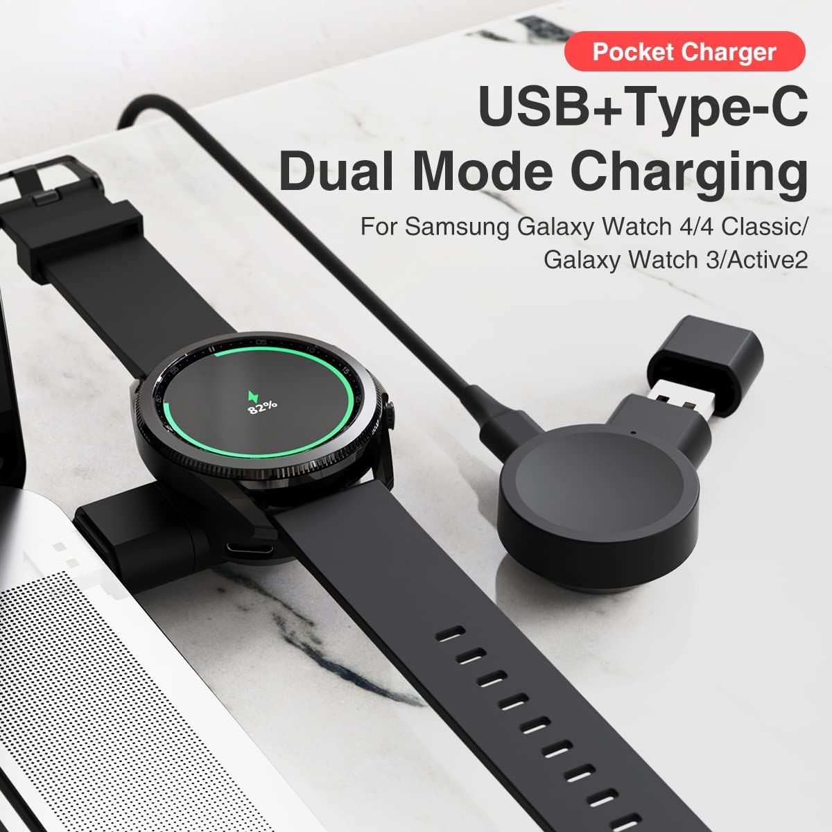 Rotatable Magnetic USB-C Charger for Samsung Galaxy Watch 4/3/Active 2 - Portable Watch Charging Dock with Fast Charging - Perfect for Travel, Office & Home Use [2 Pack]