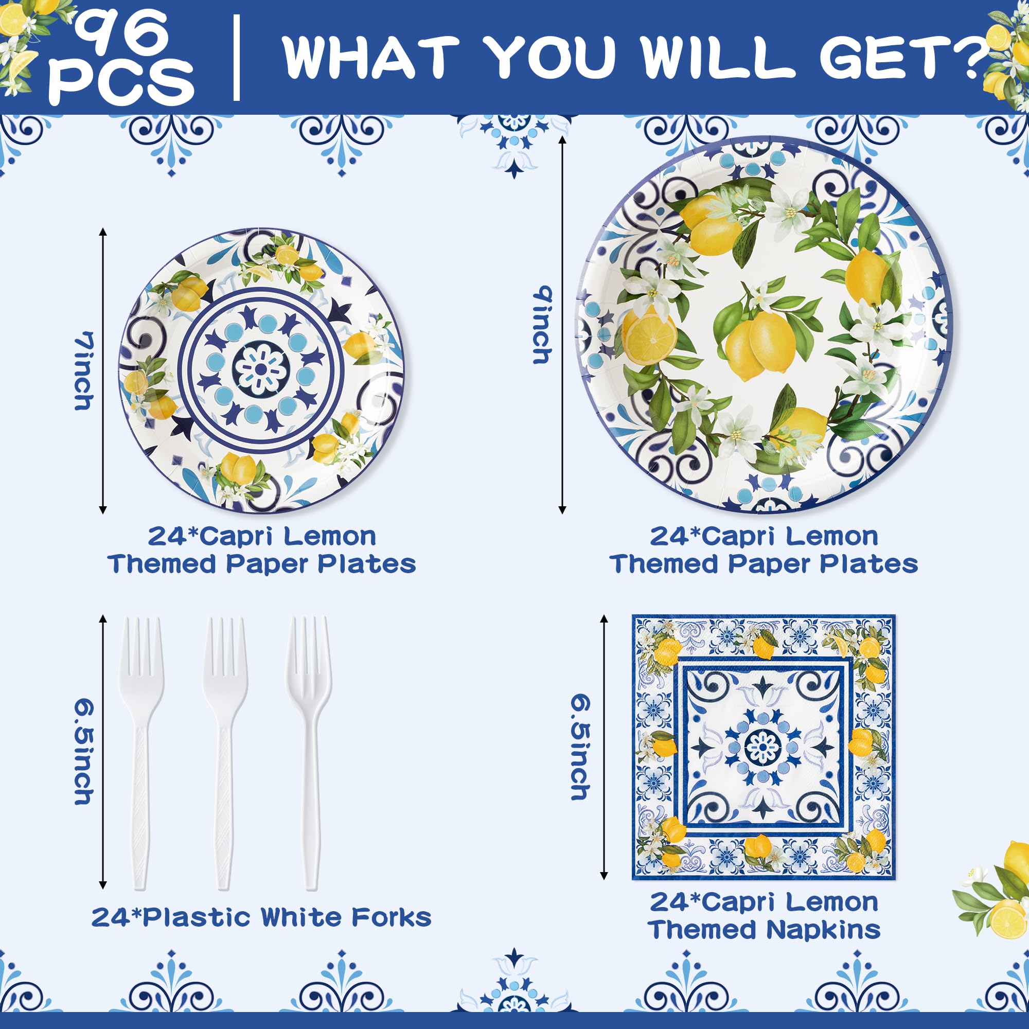 96-Pack Blue & Yellow Lemon Print Disposable Party Plates, Napkins & Forks - Tropical Citrus Theme Tableware for Kids Birthday, Baby Shower (Serves 24) | Summer BBQ, Pool Party & Outdoor Picnic Decorations