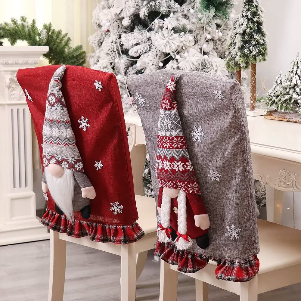 2 Pack Christmas Chair Cover Gnome Couple - Festive Dining & Office Chair Slipcovers Set - Holiday Decor for Christmas Banquet, Party & Home Celebration