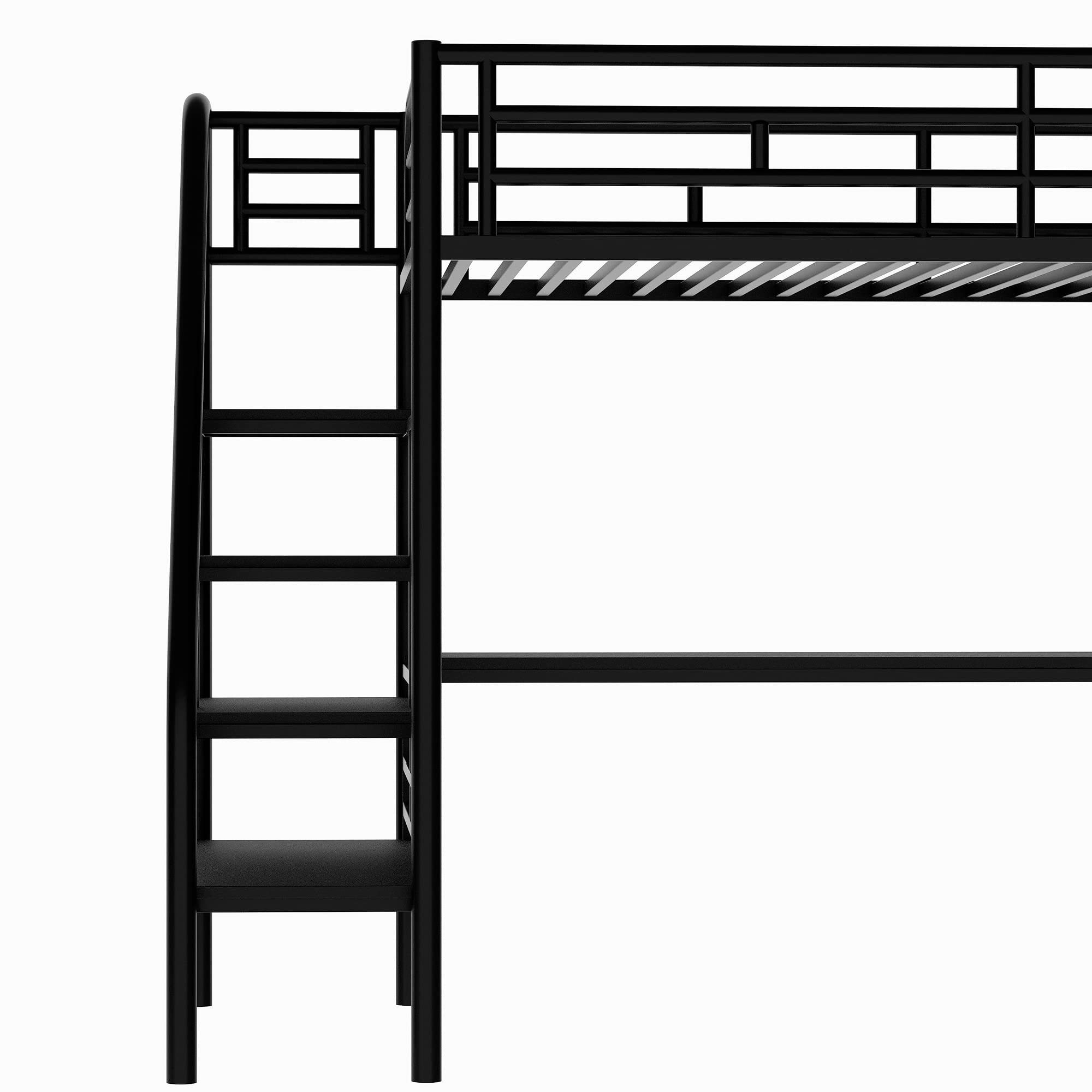 GLORHOME Metal Twin Size Loft Bed with Long Desk & Safety Stairway - Space Saving Kids Loft Bed Frame for Teens & Children, No Box Spring Needed, Black - Perfect for Small Bedrooms, Dorm Rooms & Kids' Rooms