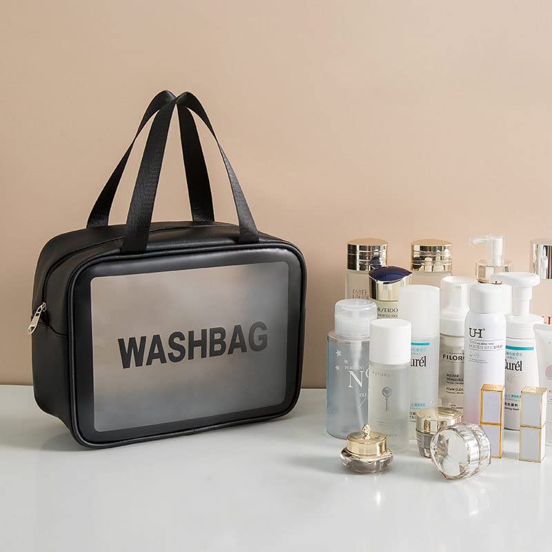 Large Clear Travel Cosmetic Organizer Bag - Waterproof Makeup Pouch & Toiletry Bag for Women & Girls (Black) - Perfect for Airplane Carry-on, Gym, Beach & Vacation Essentials