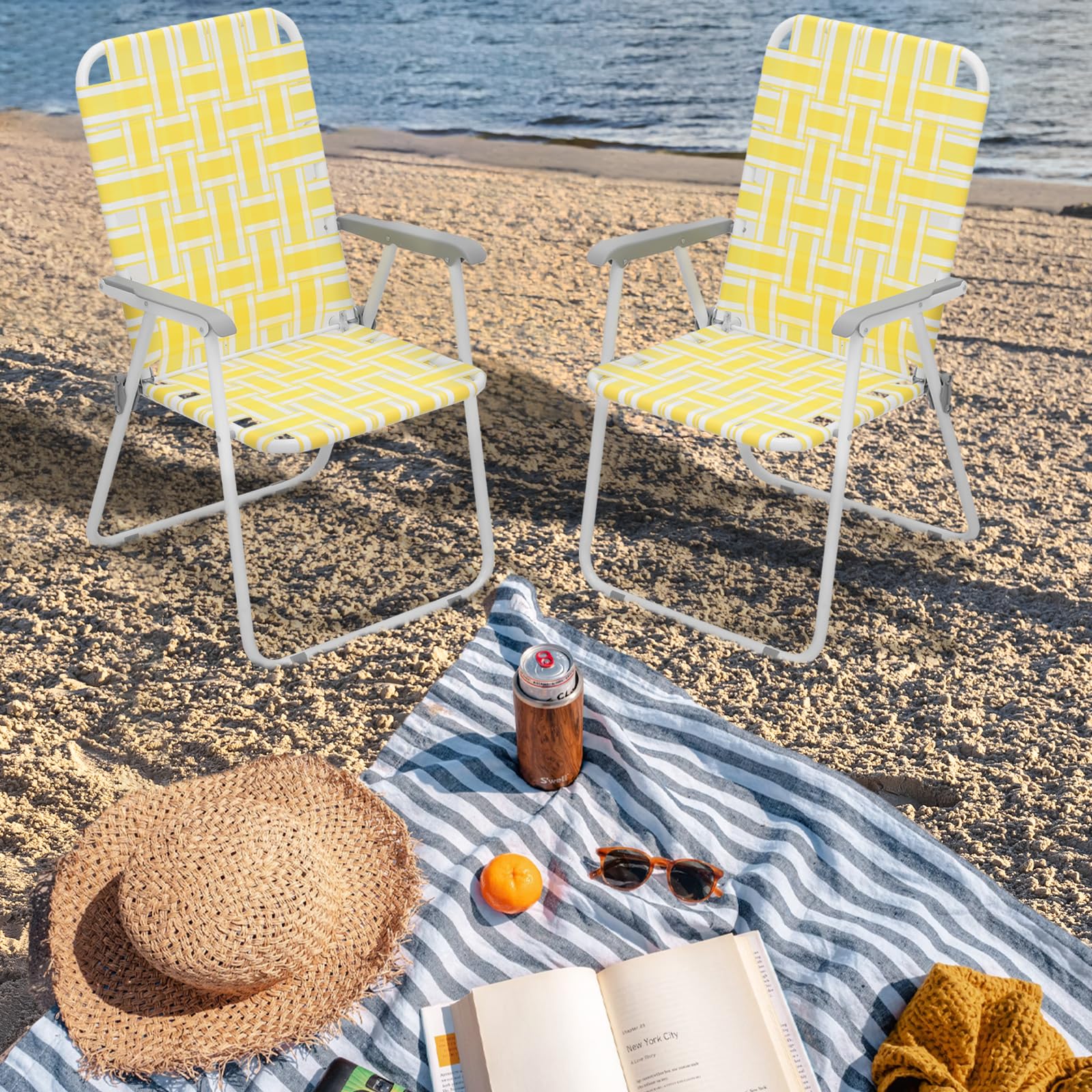 **Magshion Folding Webbed Lawn Beach Chair for Adults – Lightweight Steel Frame, Portable Outdoor Camping Chairs – Supports 250 lbs – Perfect for Fishing, Patio, Yard, Garden & Picnics (2-Pack, Yellow)**