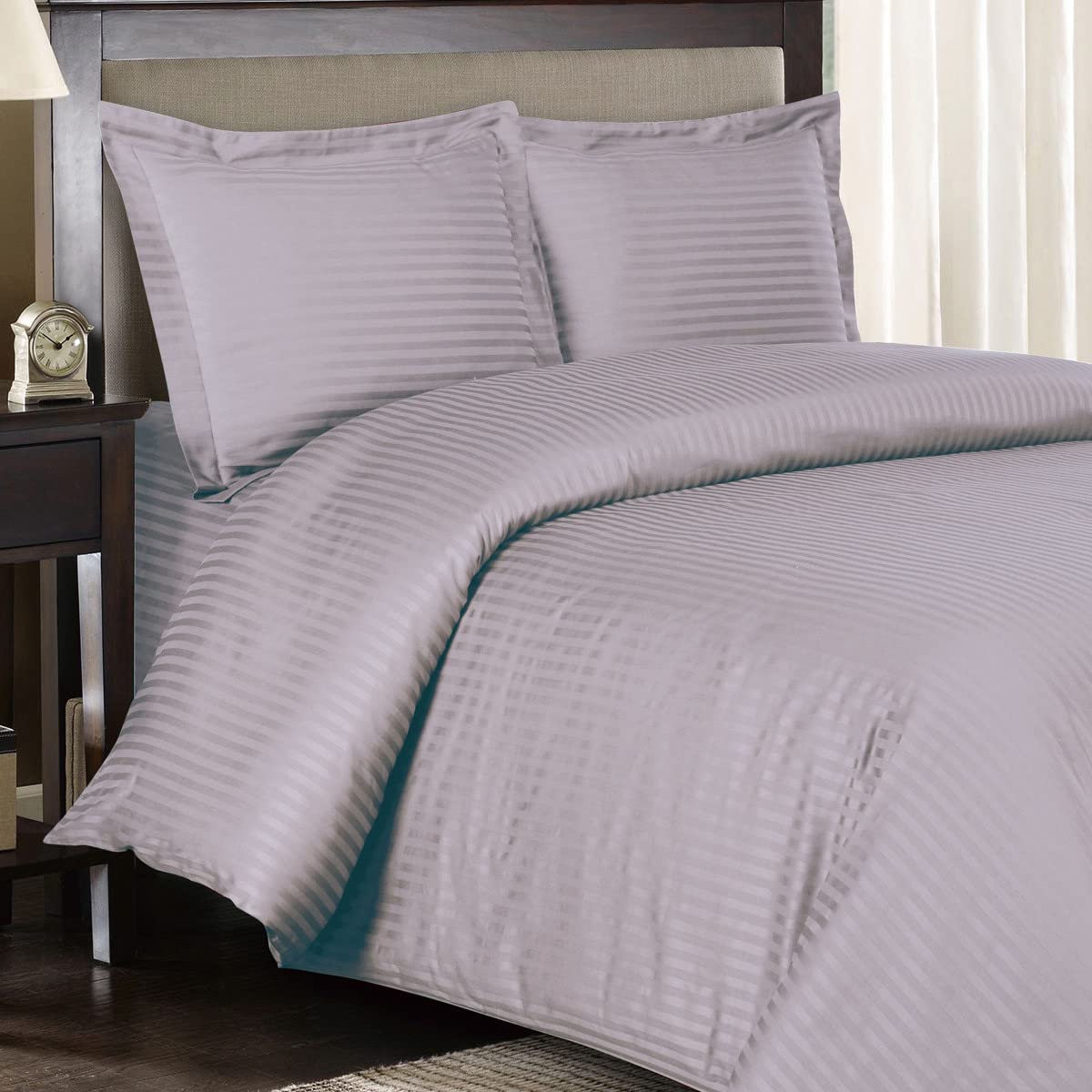 Royal Hotel Luxury 300-Thread-Count Queen Size 3-Piece Duvet Cover Set with 1 Siberian Goose Down Alternative Comforter - 100% Cotton Striped Lilac Bedding Set for Upscale Bedroom Decor