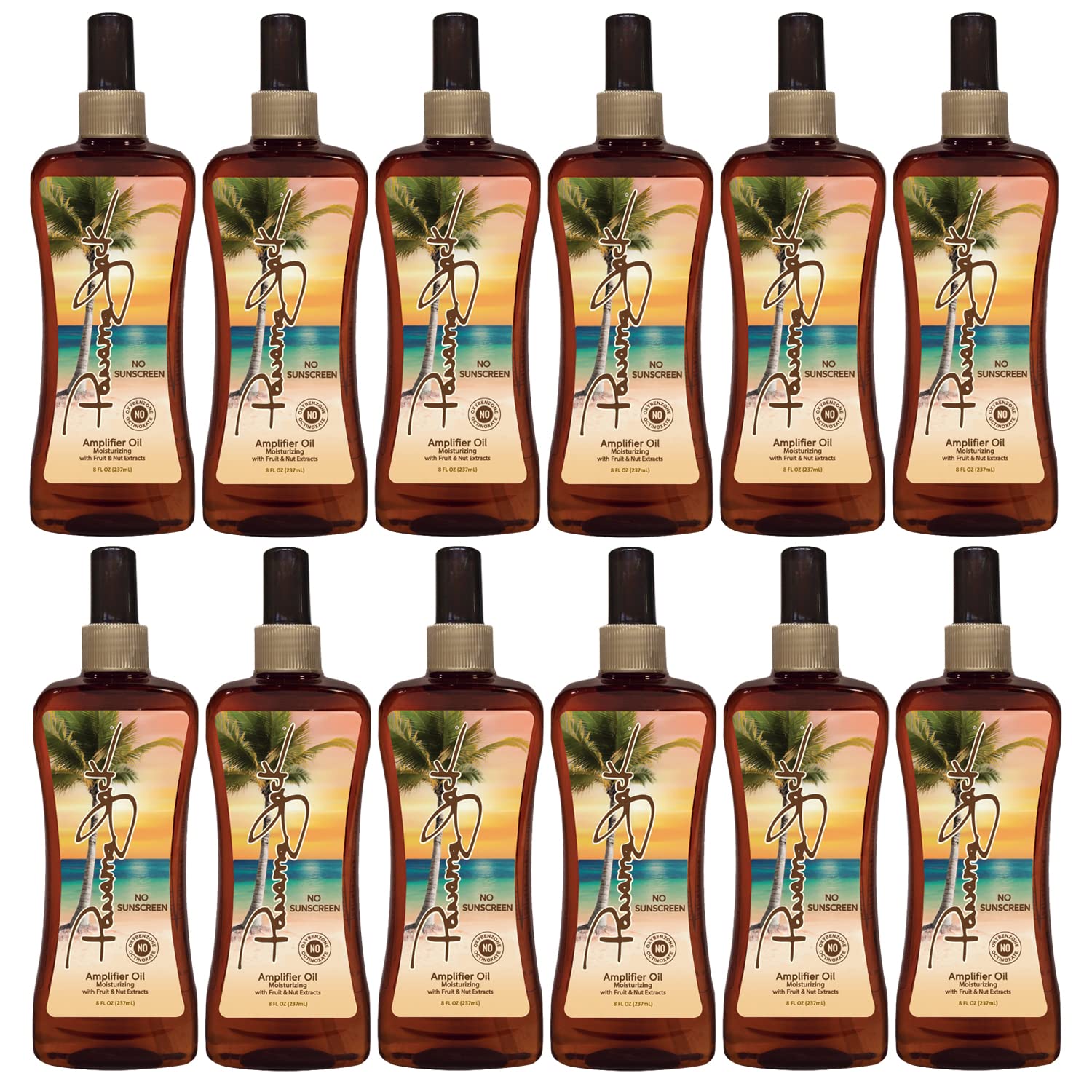 Panama Jack Amplifier Suntan Oil - 0 SPF, Lightweight Formula with Exotic Oils, Fruit & Nut Extracts, Tropical Scent, 8 Fl Oz (12 Pack) | Perfect for Beach, Pool & Summer Tanning