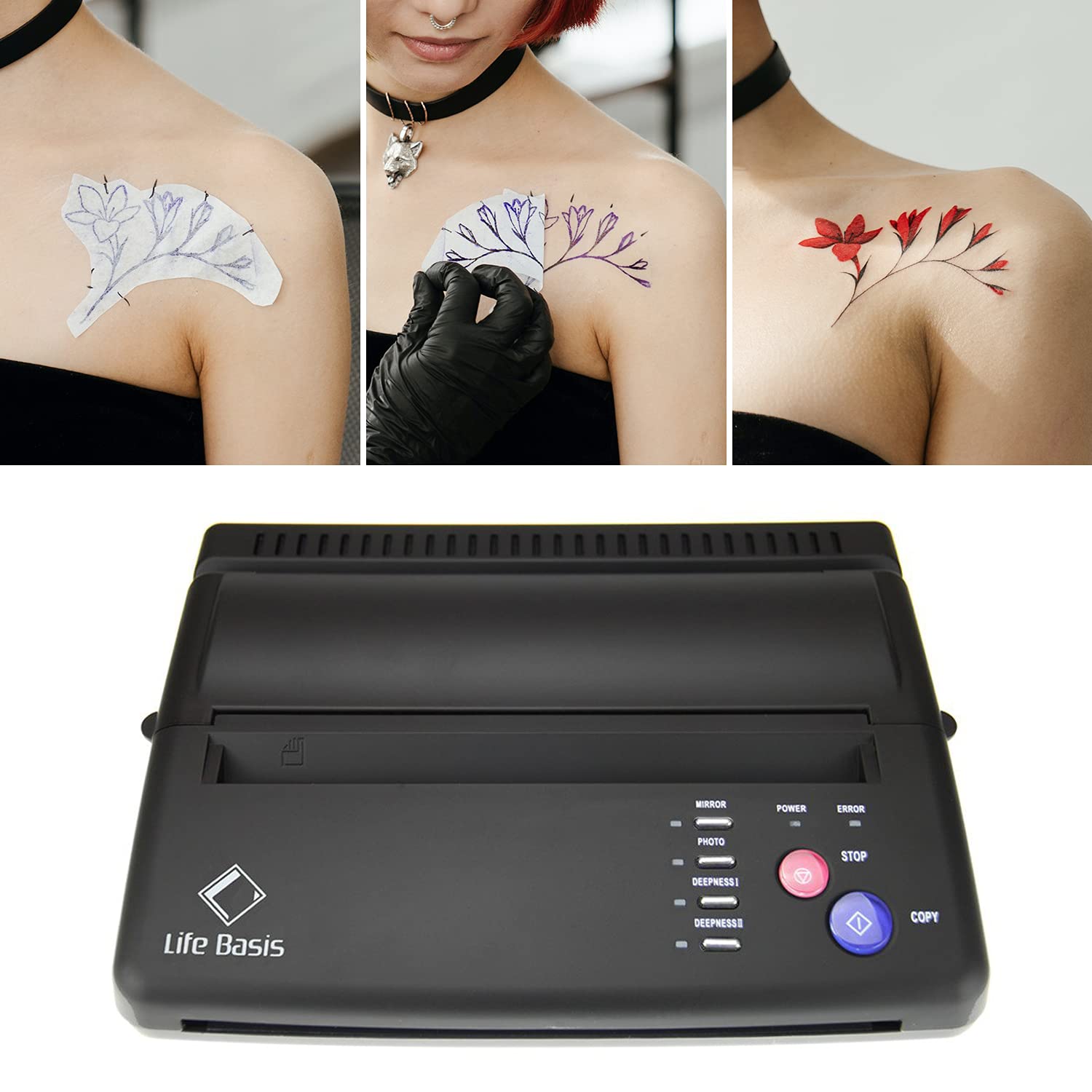 LifeBasis Professional Tattoo Transfer Stencil Printer Machine - Thermal Copier with 30PCS Stencil Paper for Tattoo Artists & Beginners | Portable Tattooing Equipment for Studio & Home Use | Black