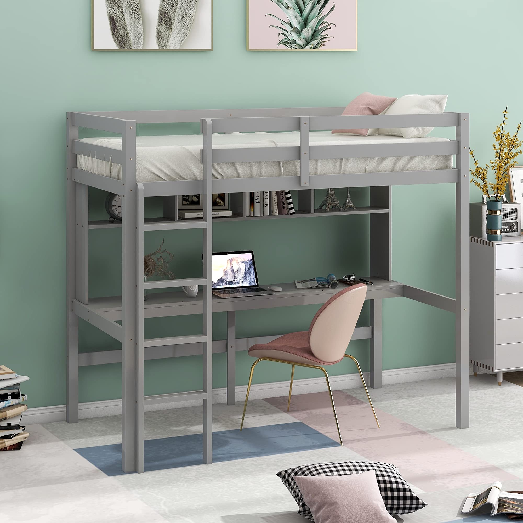 SOFTSEA Twin Loft Bed with Desk & Bookcase - Study Station for Kids & Adults (Gray)