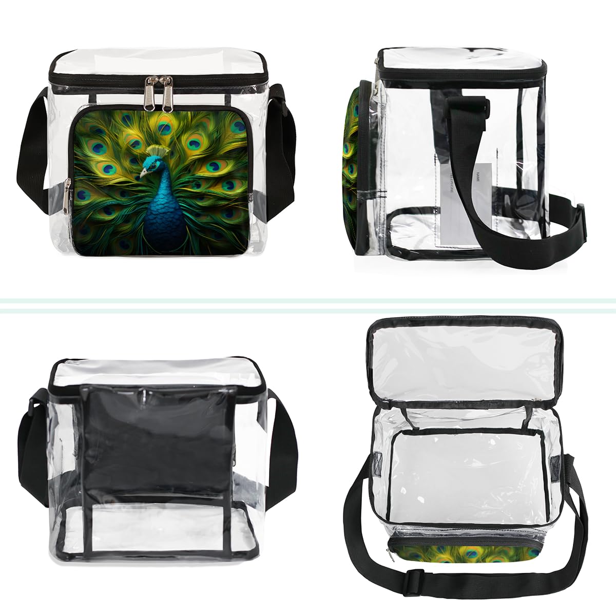 GzLeyigou Peacock Feather Design Clear Tote Bag with Handles - Transparent Crossbody Shoulder Bag for Lunch, Outdoor, Travel, Picnic, Concerts & Sports Events - Stadium Approved Multi-Purpose Carryall for Women's Fashion Accessories