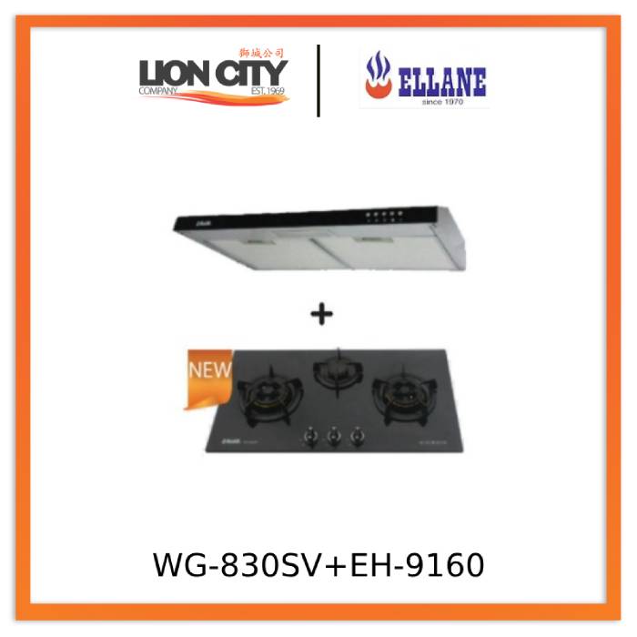 Ellane 60cm/90cm Slimline Range Hood with Black Panel EH 9160 + Ellane WG 830SV 87cm 3 Burner Glass Cooktop - Modern Kitchen Ventilation & Cooking Solution for Home Chefs