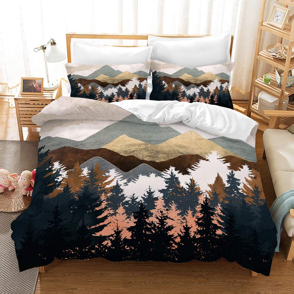 REALIN Hawthorn Bedding 3D Duvet Cover Set - Japan Forest Mountain River Design - 2/3/4PCS Quilt Cover, Sheets & Pillow Shams - Twin/Full/Queen/King Size (Full-200x229cm-4PCS) - Soft & Breathable for Cozy Bedroom Decor, Guest Room, and Vacation Homes