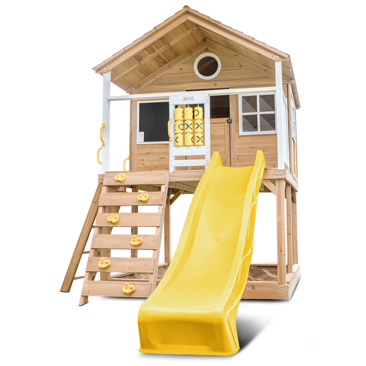 Warrigal Wooden Cubby House with Yellow Slide - Kids Outdoor Playhouse for Backyard Fun & Imaginative Play