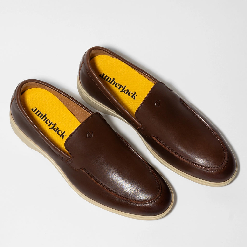 Premium Genuine Leather Loafer Shoes for Men - Chestnut & Cream Color - Comfortable Slip-On Dress Shoes for Business, Office & Casual Wear