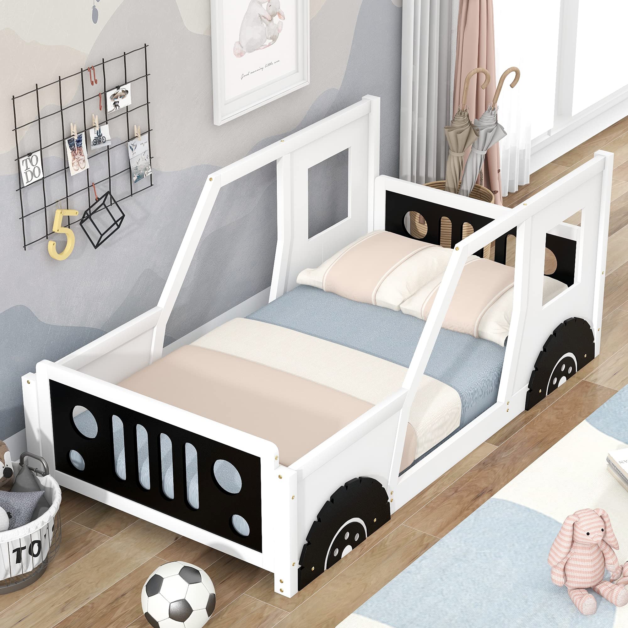 Twin Size Kids Car-Shaped Bed with Wheels - Wooden Montessori Floor Bed for Boys & Girls - Lightning McQueen Themed (White & Black) - Perfect for Toddler Rooms, Playrooms & Montessori Classrooms