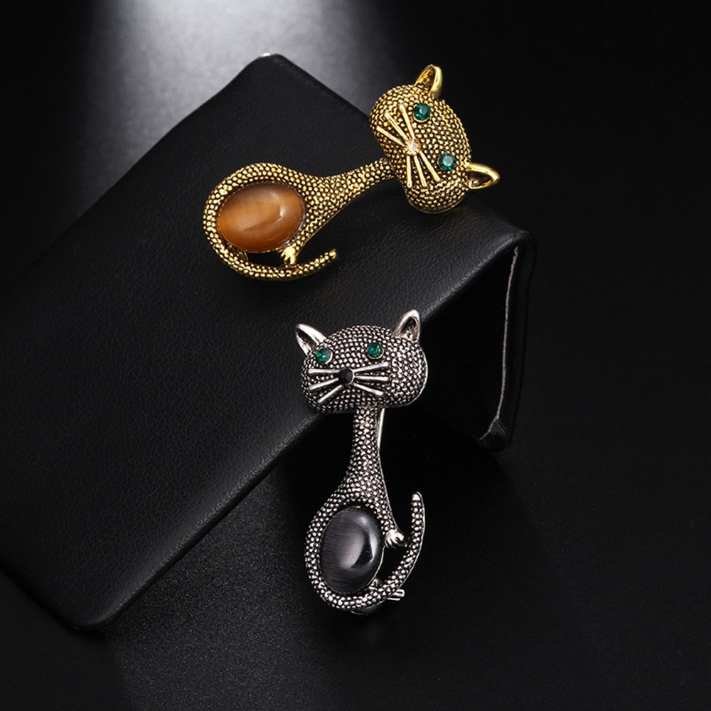 Vintage Crystal Cat Brooch Collar Pin - Elegant Pet-Themed Jewelry for Women's Dresses, Blouses & Coats | Perfect for Parties, Weddings & Office Wear