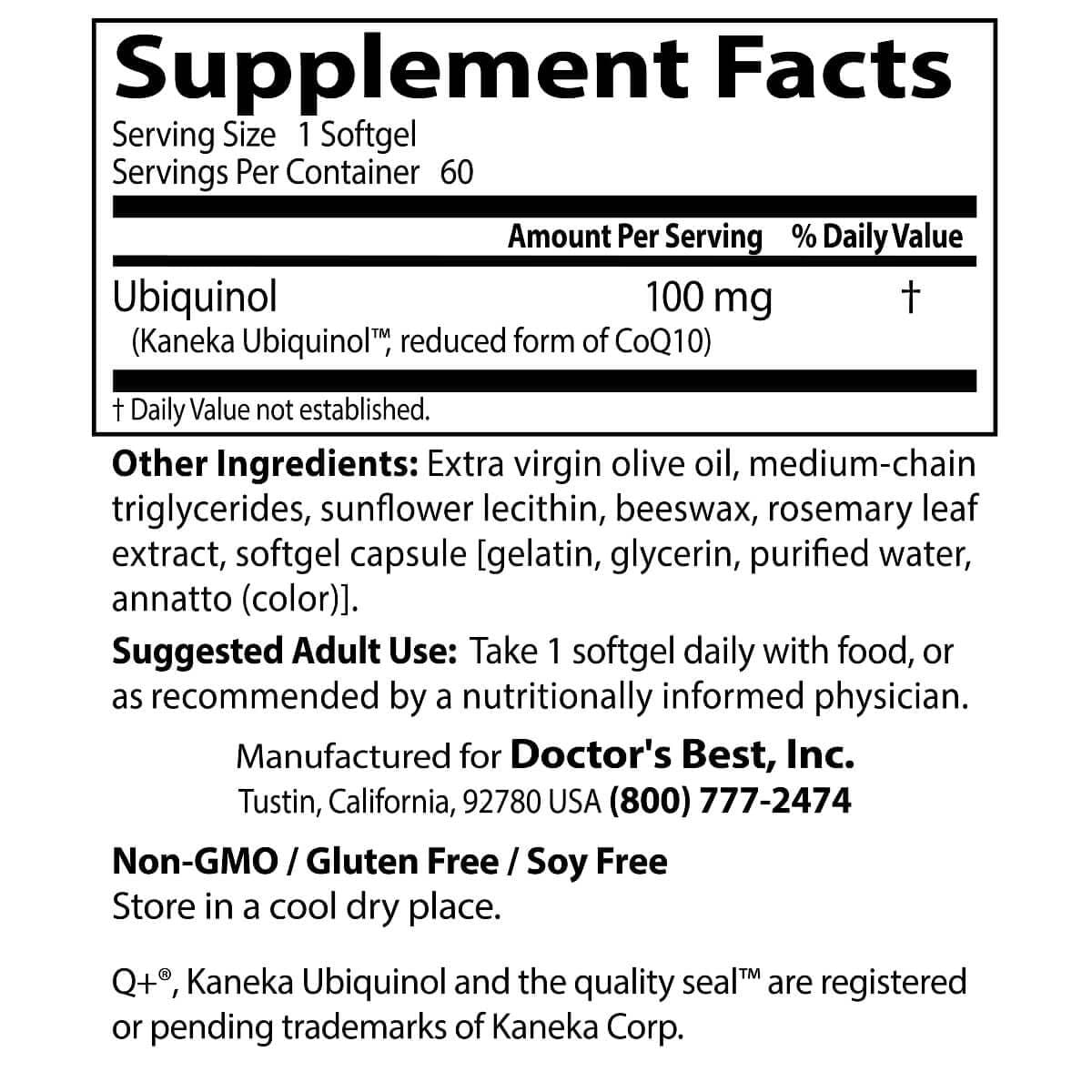 Doctor's Best Ubiquinol with Kaneka QH 100mg - 60 Softgels for Heart Health & Energy Support - Premium CoQ10 Supplement for Adults & Seniors - Perfect for Cardiovascular Wellness & Active Lifestyle