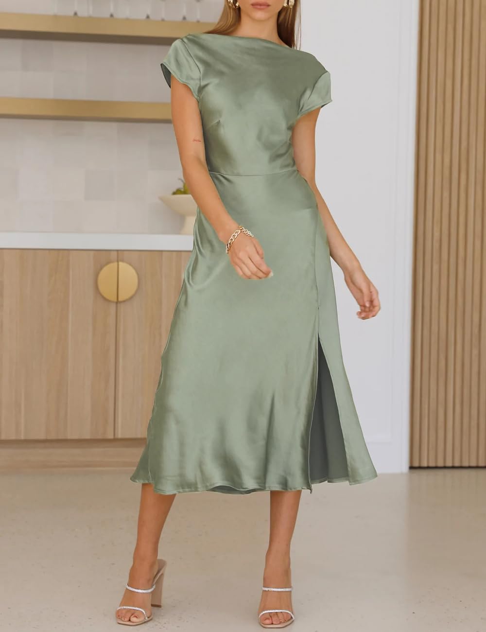Elegant Women's Summer Satin Backless Twist Cap Sleeve Midi Dress 2025 - Sexy Cowl Neck Slit Cocktail & Wedding Guest Dress for Parties, Date Nights & Special Occasions