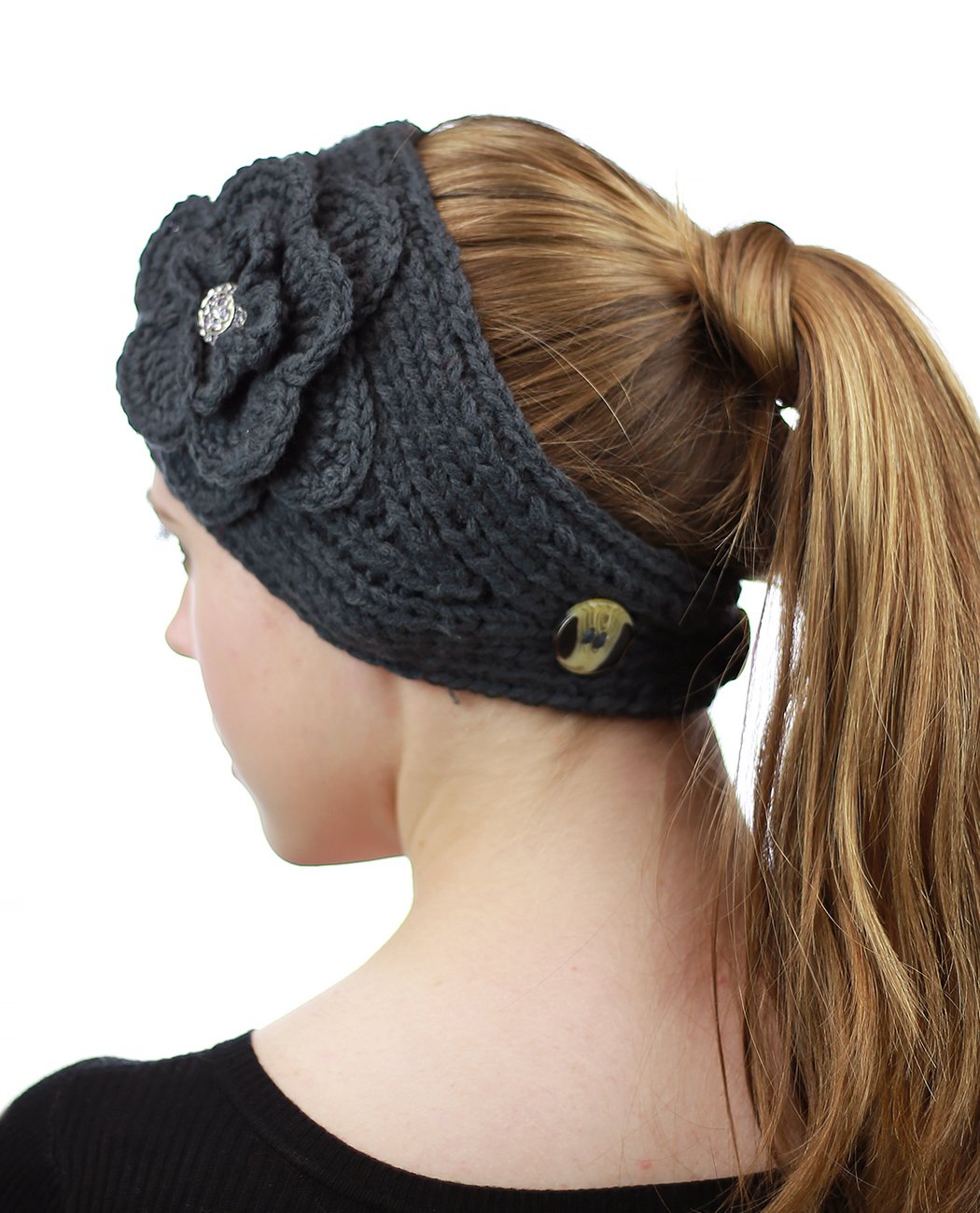 NYFASHION101 Stone Accent Hand Knitted Flower Winter Headband - Warm Knit Headwrap for Women & Girls - Perfect for Cold Weather, Outdoor Activities & Fashion Accessories