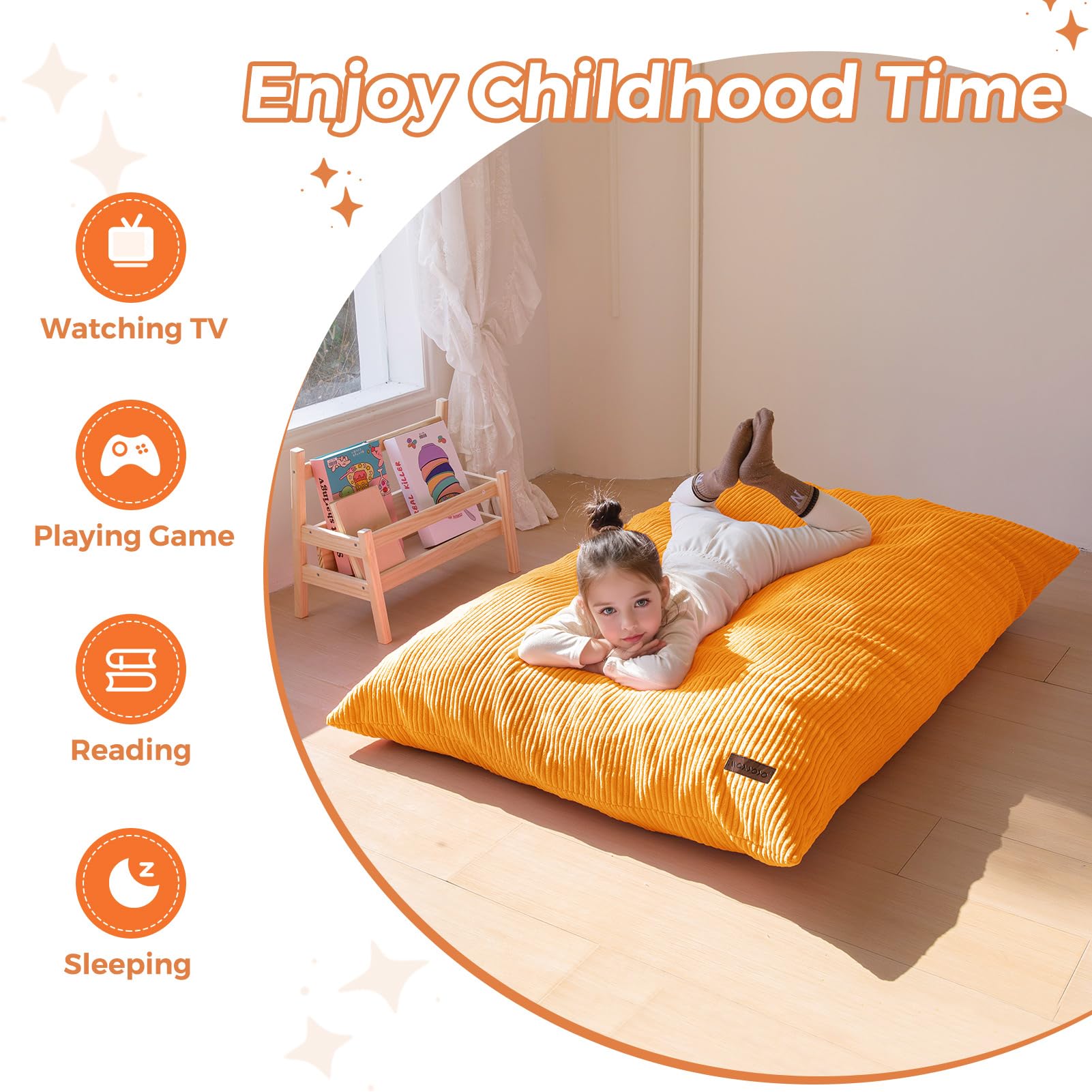 MAXYOYO 3-in-1 Convertible Kids Bean Bag Chair & Bed - Multi-Functional Floor Sofa for Children's Room, Gaming & Reading - Soft & Comfortable Orange Lounge Furniture for Playroom, Dorm or Nursery