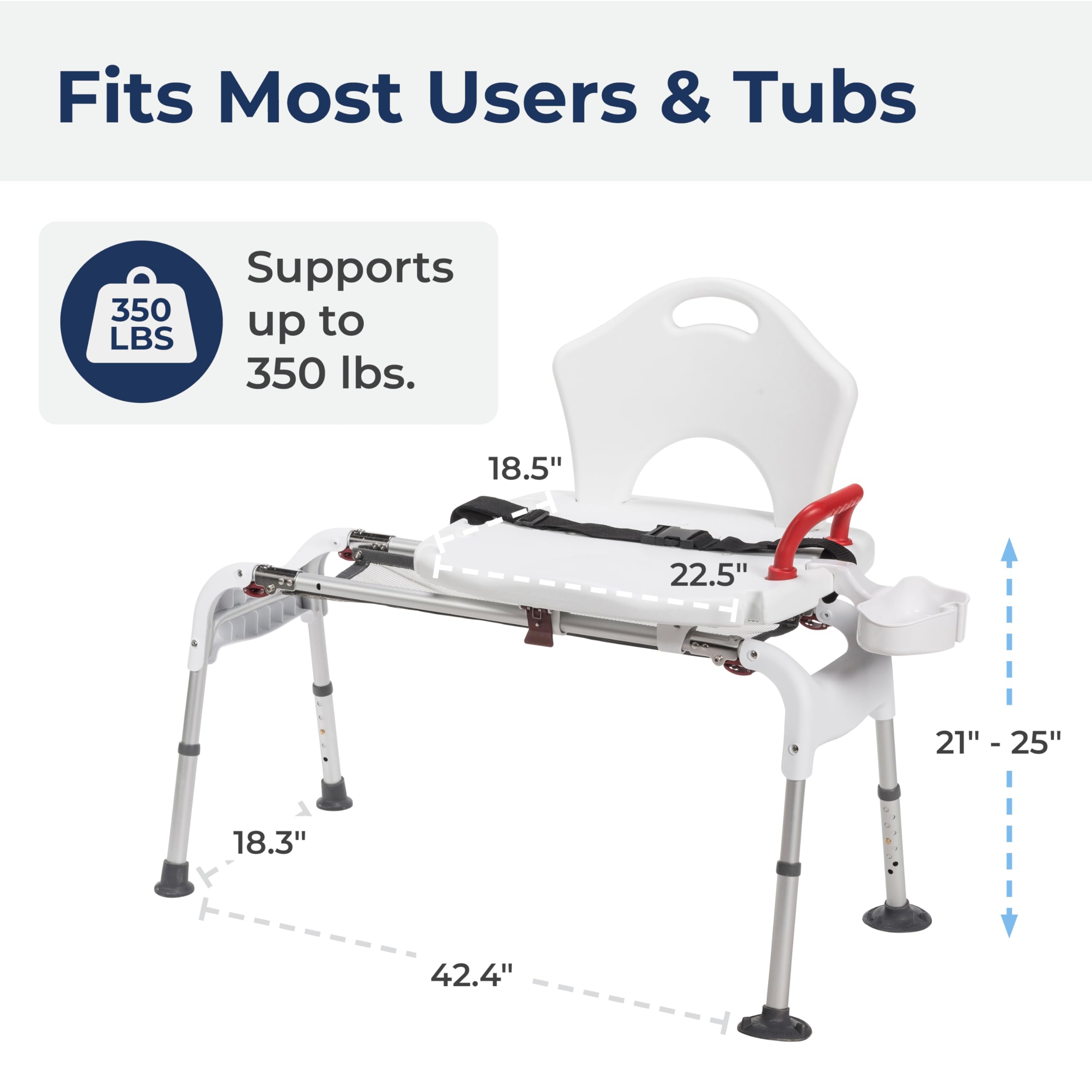 Drive Medical RTL12075 Adjustable Height Sliding Bathtub Transfer Bench - Shower Chair with Armrests & Seatbelt, 300 lb Weight Capacity, White - Ideal for Elderly & Mobility Assistance, Safe Bathing Solution for Disabled & Seniors