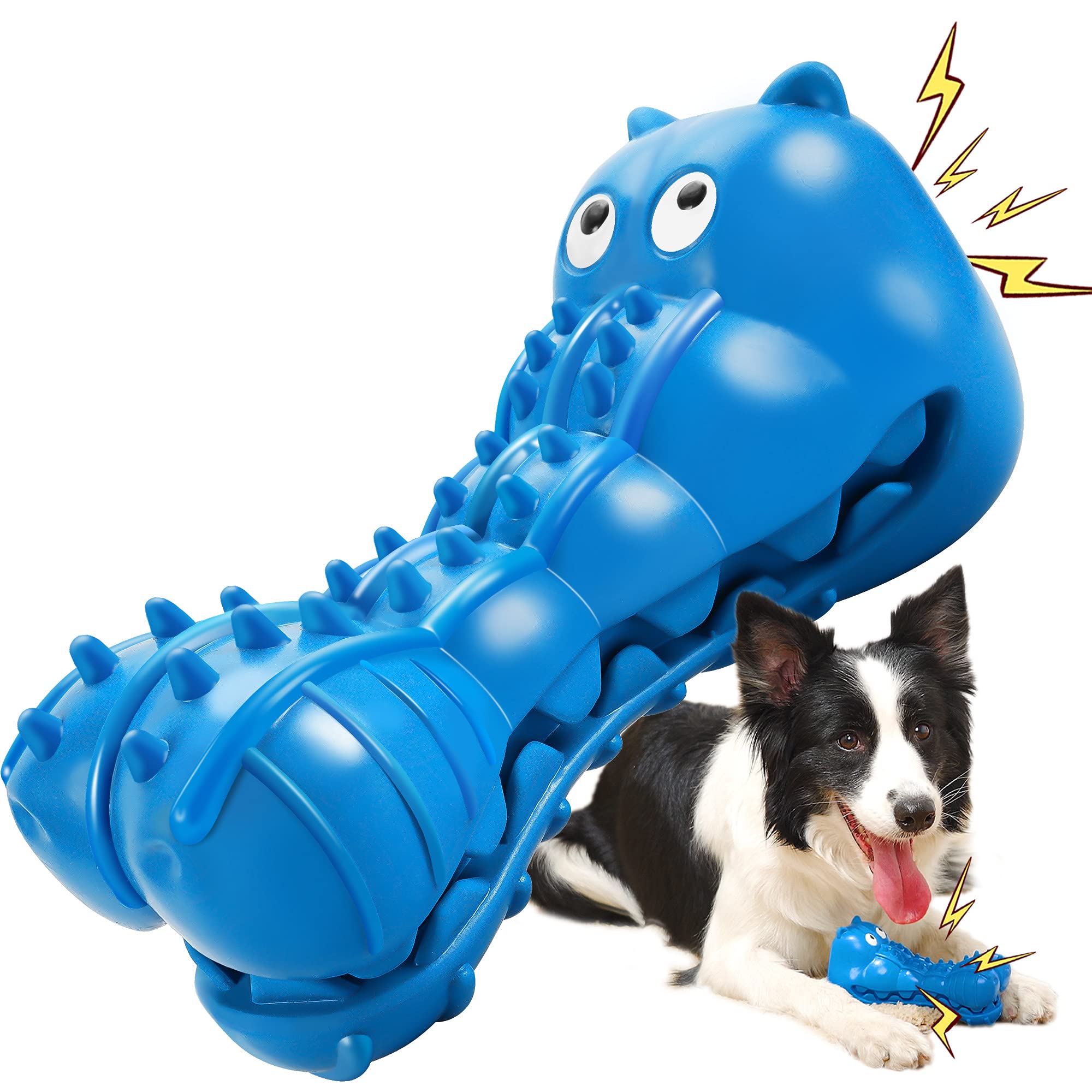 Rmolitty Indestructible Squeaky Dog Toys for Aggressive Chewers - Durable Natural Rubber Chew Toys for Large & Medium Breed Dogs (Non-Toxic, Hippo-Blue) - Perfect for Playtime, Training & Teeth Cleaning