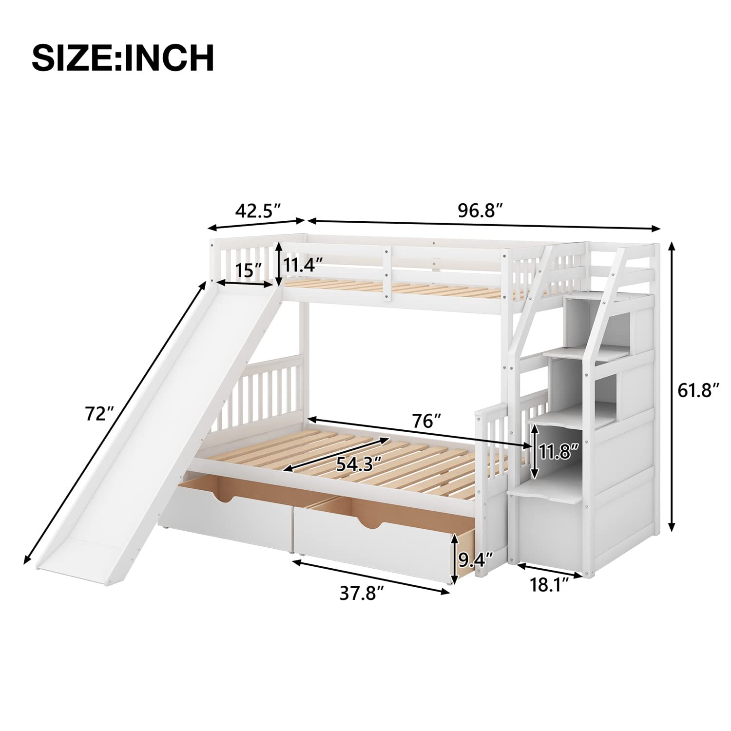 Twin Over Full Bunk Bed with Slide & Storage - White Wooden Bunk Bed for Kids' Bedroom