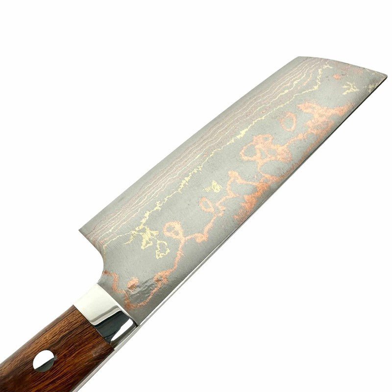 Takeshi Saji Blue #2 Steel Rainbow Damascus Nakiri Knife with Ironwood Handle - Japanese Kitchen Knife for Professional Chefs & Home Cooking, Perfect for Slicing Vegetables & Herbs