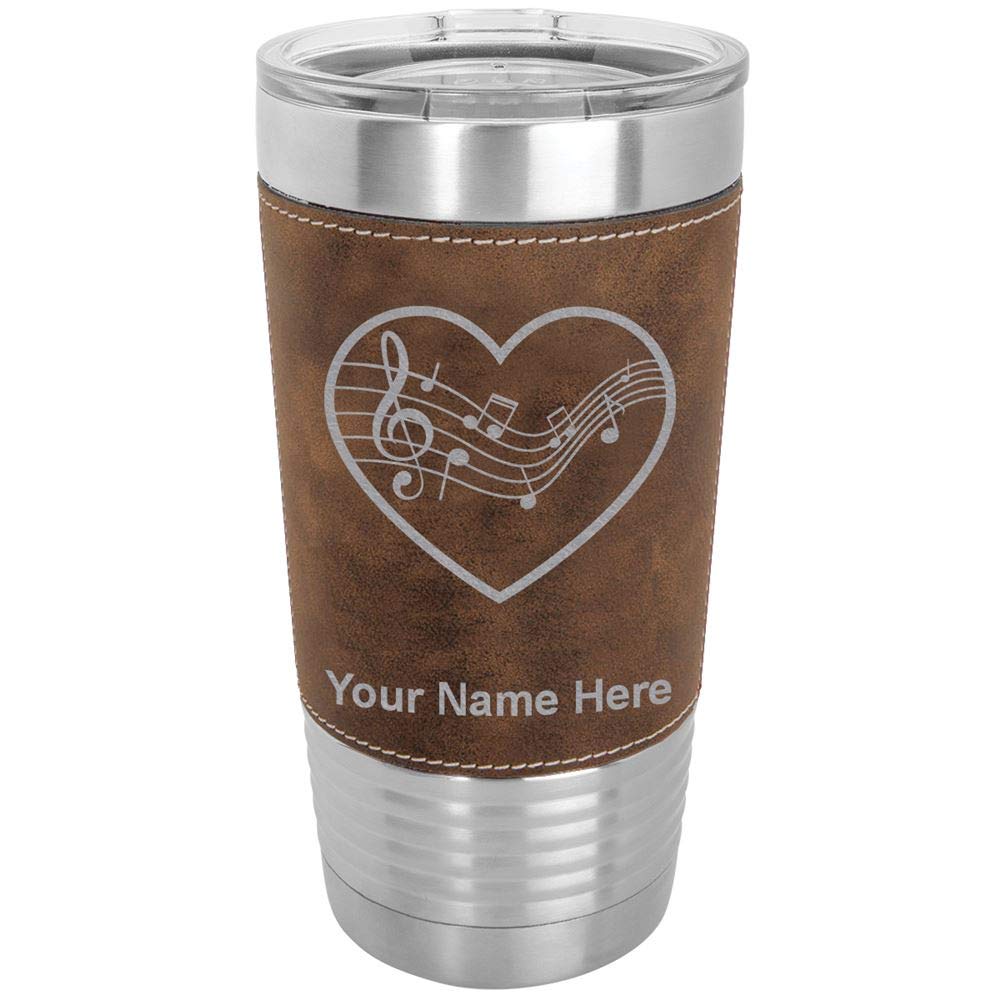 LaserGram 20oz Vacuum Insulated Stainless Steel Tumbler Mug with Music Staff Heart Design - Personalized Engraving, Faux Leather Base & Rustic Finish - Perfect for Coffee, Tea & Cold Drinks at Home, Office or Travel