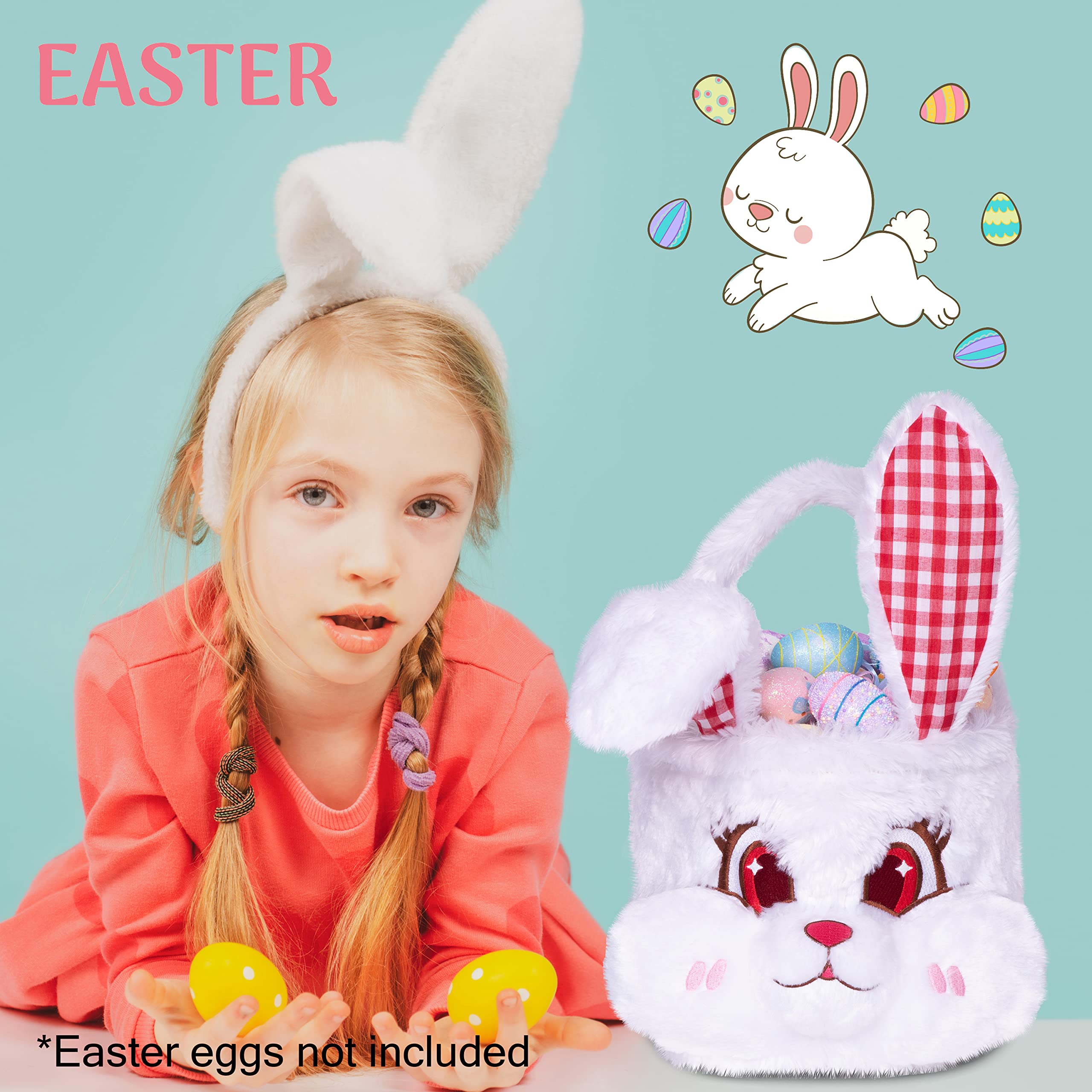 3D Cute Bunny Easter Basket for Kids - Foldable Ears & Handle, Empty Plush Bucket for Egg Hunt, Candy Storage & Easter Decor (White) - Perfect Gift for Boys, Girls & Teens - Ideal for Easter Parties, Egg Hunts & Spring Celebrations