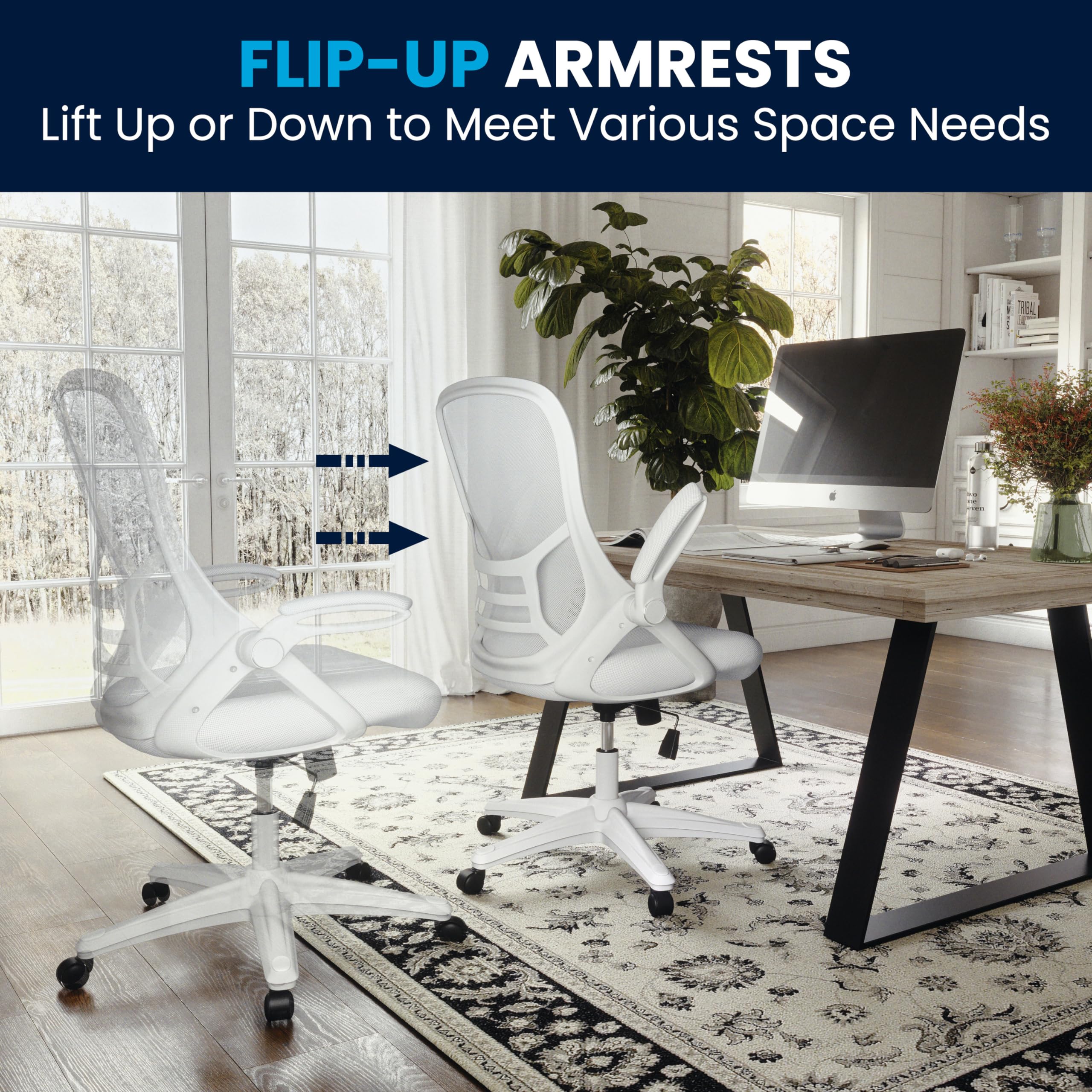 Flash Furniture Porter High-Back Swivel Office Chair with Adjustable Lumbar Support & Height - Ergonomic Mesh Desk Chair with Flip-Up Armrests, White - Perfect for Home Office, Gaming & Workspaces