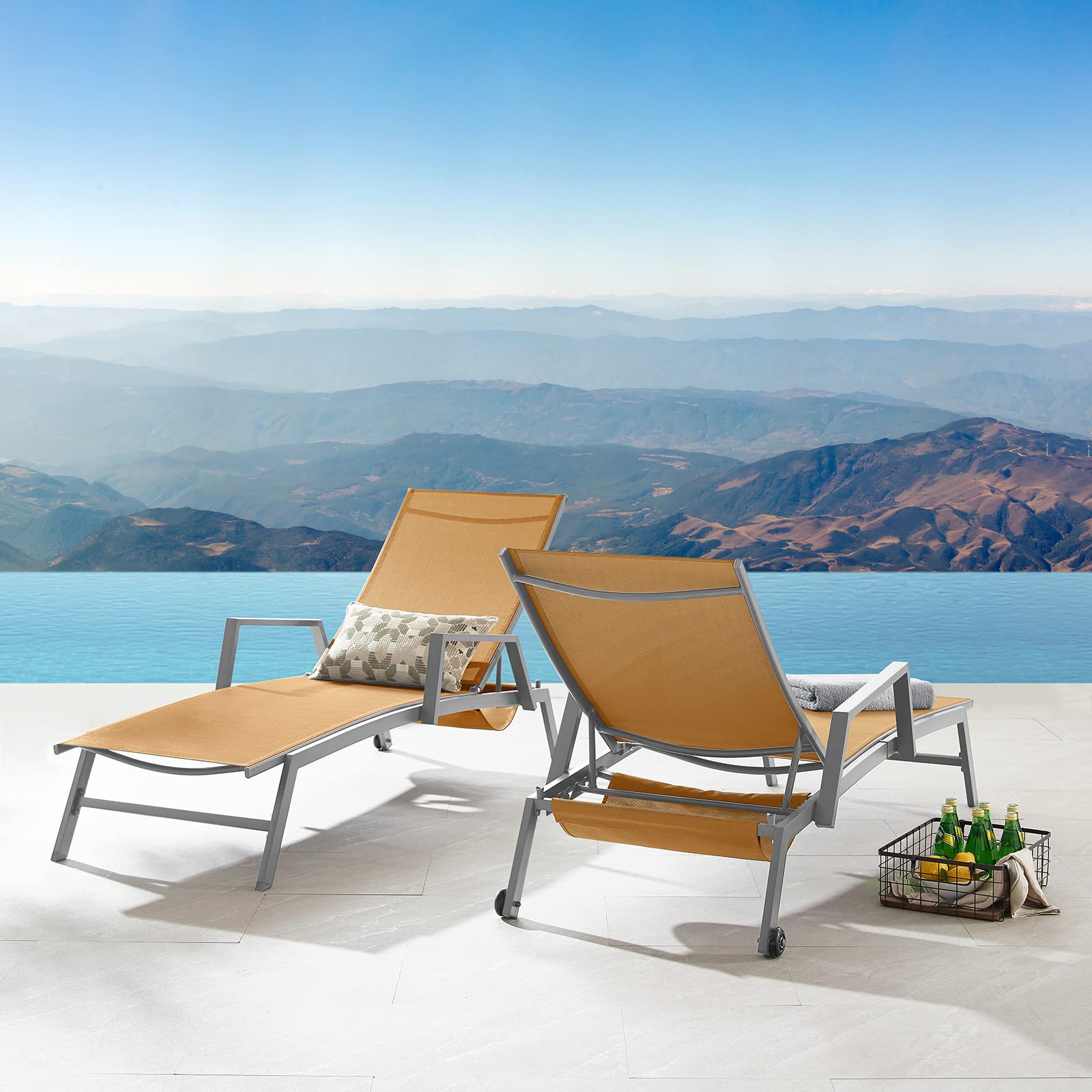 Modern Outdoor Chaise Lounge Chairs Set of 2 - Adjustable 5-Level Reclining Backrest, Breathable Textilene Fabric - Perfect for Poolside, Patio, Garden & Balcony Relaxation - Orange Leisure Recliners for Sunbathing & Outdoor Lounging