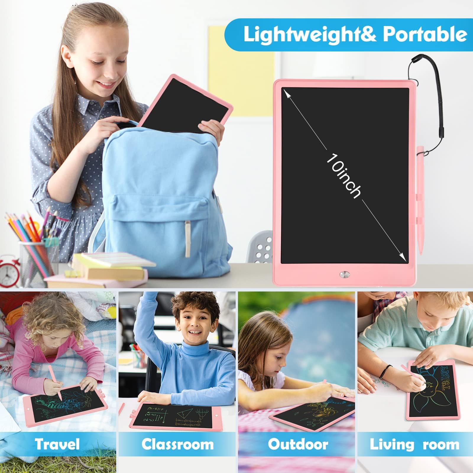 10 Inch LCD Writing Tablet for Kids - Reusable Drawing Pad with Stylus, Educational Learning Toy for Boys & Girls (Blue) - Perfect for School, Travel & Home Use
