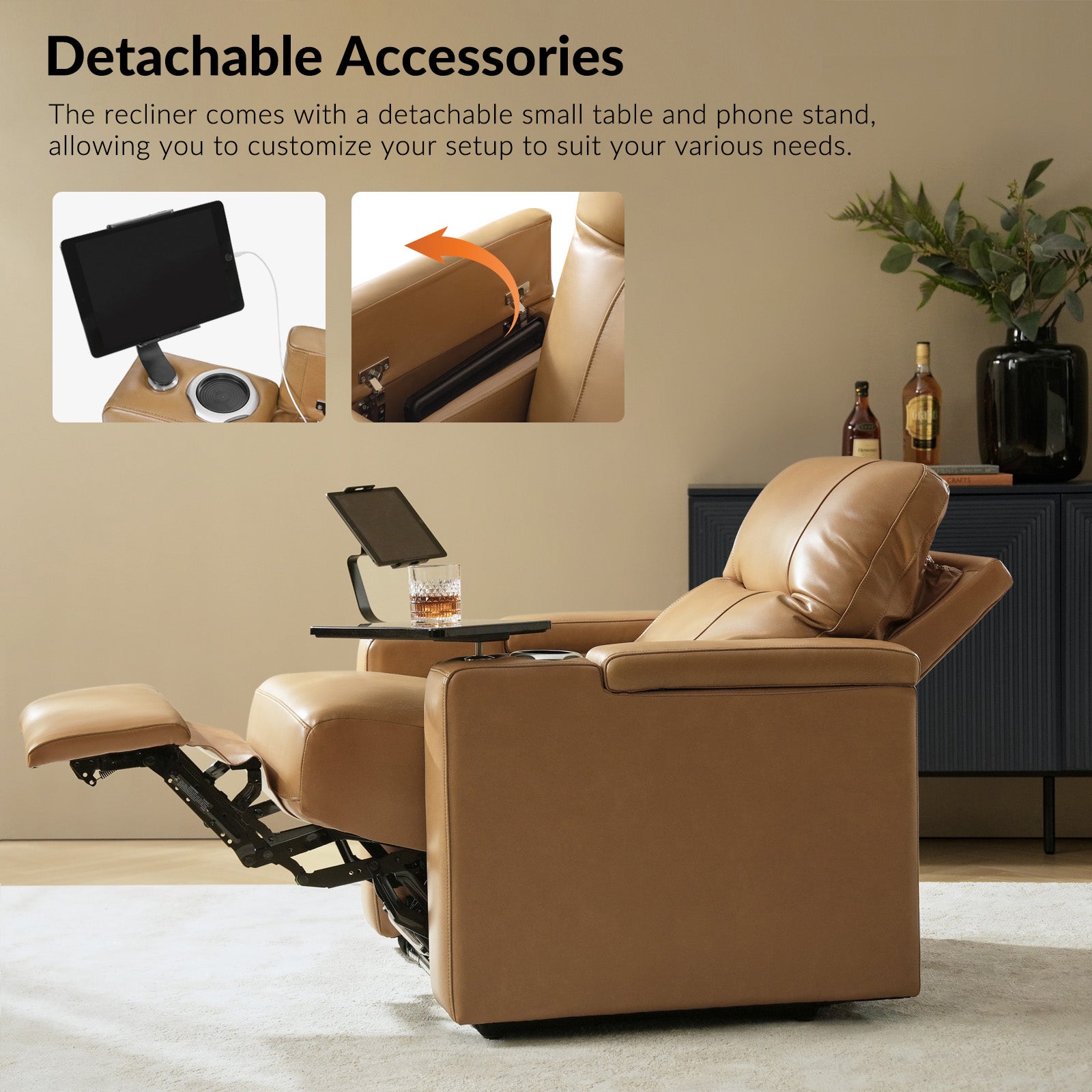 Iliana Electric Genuine Leather Recliner Chair with Side Table & Phone Holder - Power Lift Reclining Sofa for Living Room, Home Theater & Office Comfort