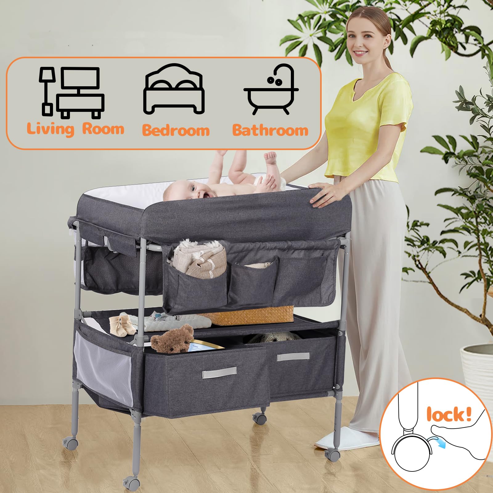 Portable Baby Changing Table with 2 Storage Baskets - Adjustable Height Foldable Changing Station Dresser - Waterproof Soft Pad for Newborns & Infants - Perfect for Nursery, Bedroom & Travel Use