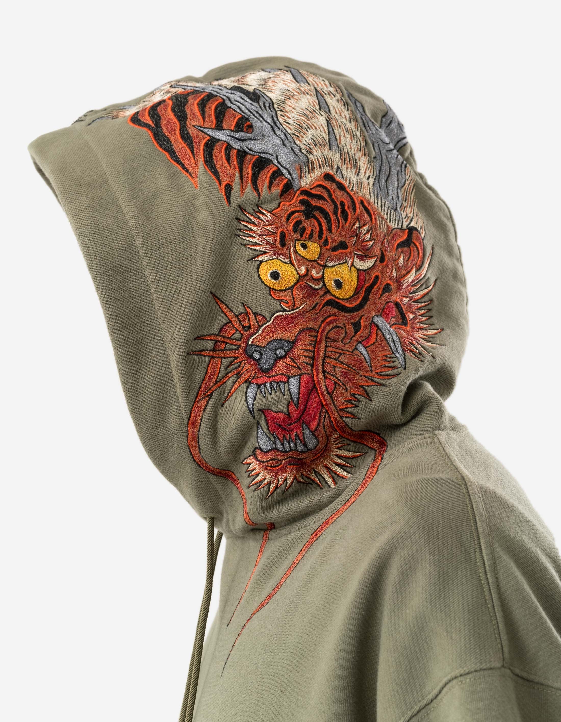 6096 Tiger Dragon Hooded Sweatshirt - Olive Green OG 107F Military Style Pullover for Streetwear & Urban Fashion