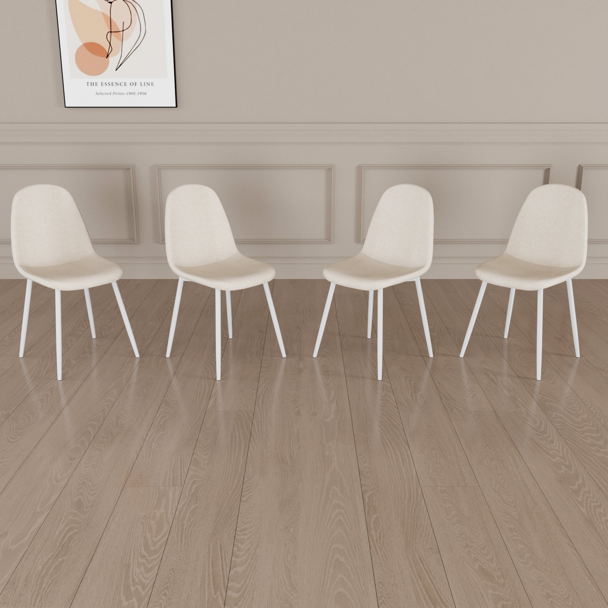 Modern Dining Chair Set of 4 - Linen Upholstered Spoon Back Accent Chairs with White Metal Legs for Kitchen & Dining Room - Beige | Perfect for Home Decor, Small Spaces & Entertaining Guests