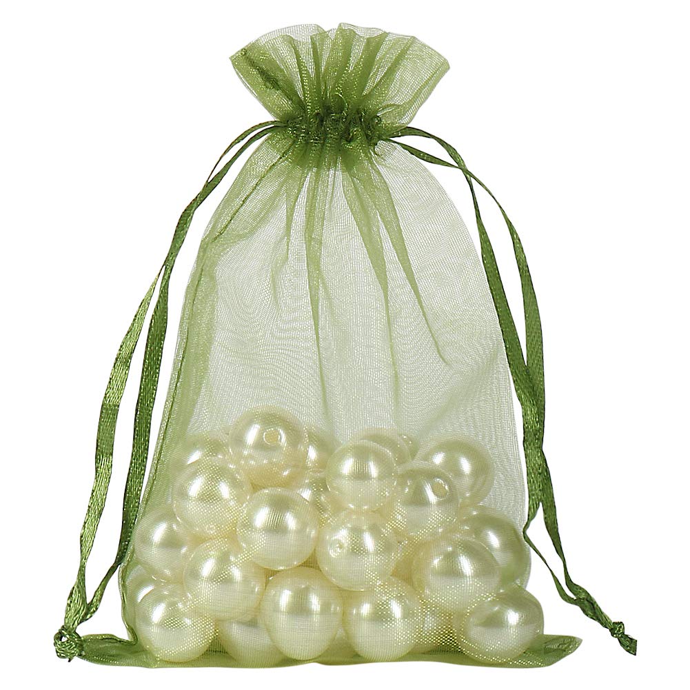 100pcs Olive Green Organza Drawstring Bags 4x6 inch - Candy, Jewelry & Gift Pouches for Christmas, Weddings, Baby Showers & Party Favors