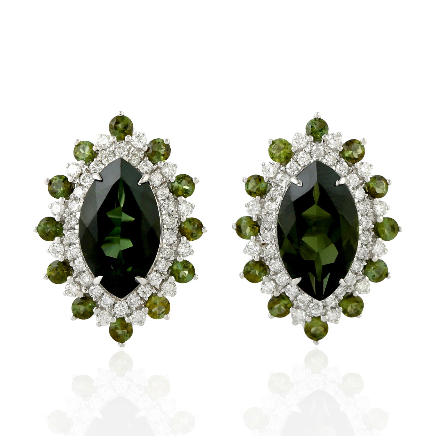 18K White Gold Green Tourmaline Pave Diamond Marquise Stud Earrings – Elegant Jewelry for Weddings, Parties & Special Occasions