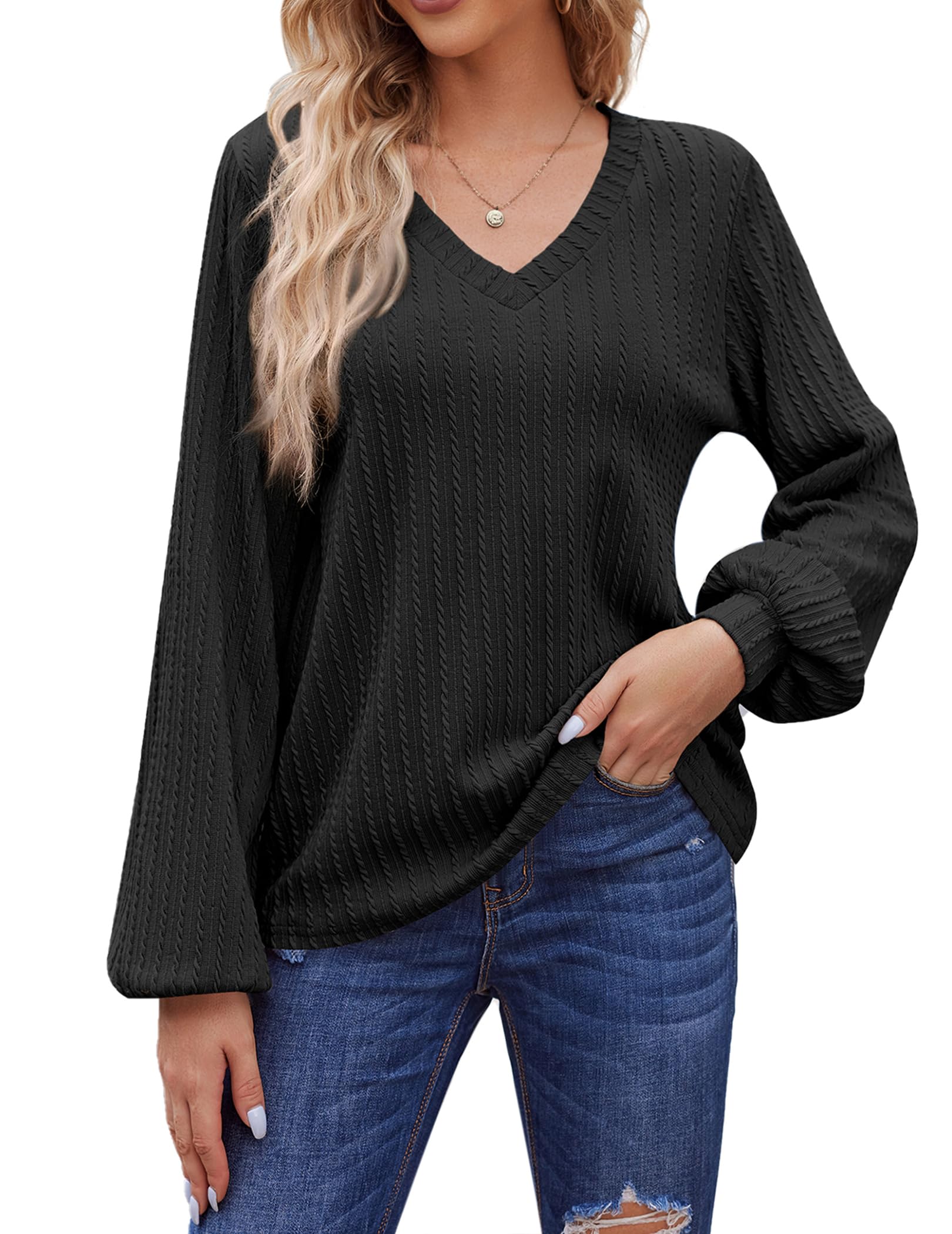 Hotouch Women's Long Sleeve V-Neck Ribbed Knit Tunic Top - Lantern Sleeve Blouse for Casual & Dressy Wear - Loose Fit Fall Shirts 2023 - Perfect for Office, Date Night & Autumn Layering