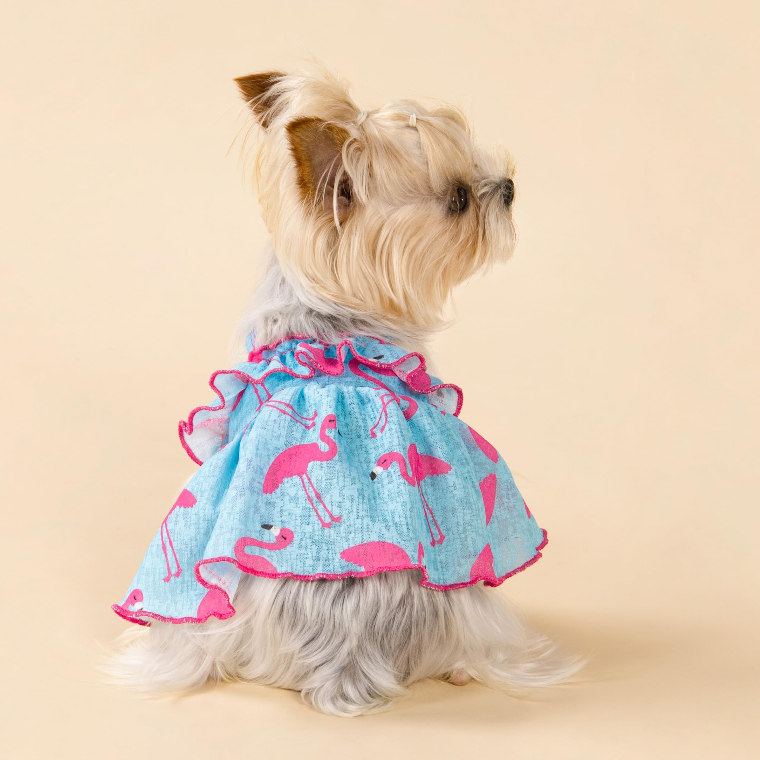 Fitwarm Flamingo Print Dog Dress - Summer Hawaiian Ruffled Sundress for Small Dogs | Cute Pet Outfit in Blue & Pink | Perfect for Beach, Parties & Outdoor Adventures