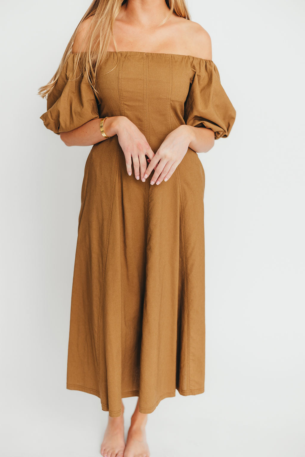 Serenity Off The Shoulder Midi Dress - Flowy Coconut Color Summer Dress for Women, Perfect for Beach Vacations, Date Nights & Outdoor Weddings