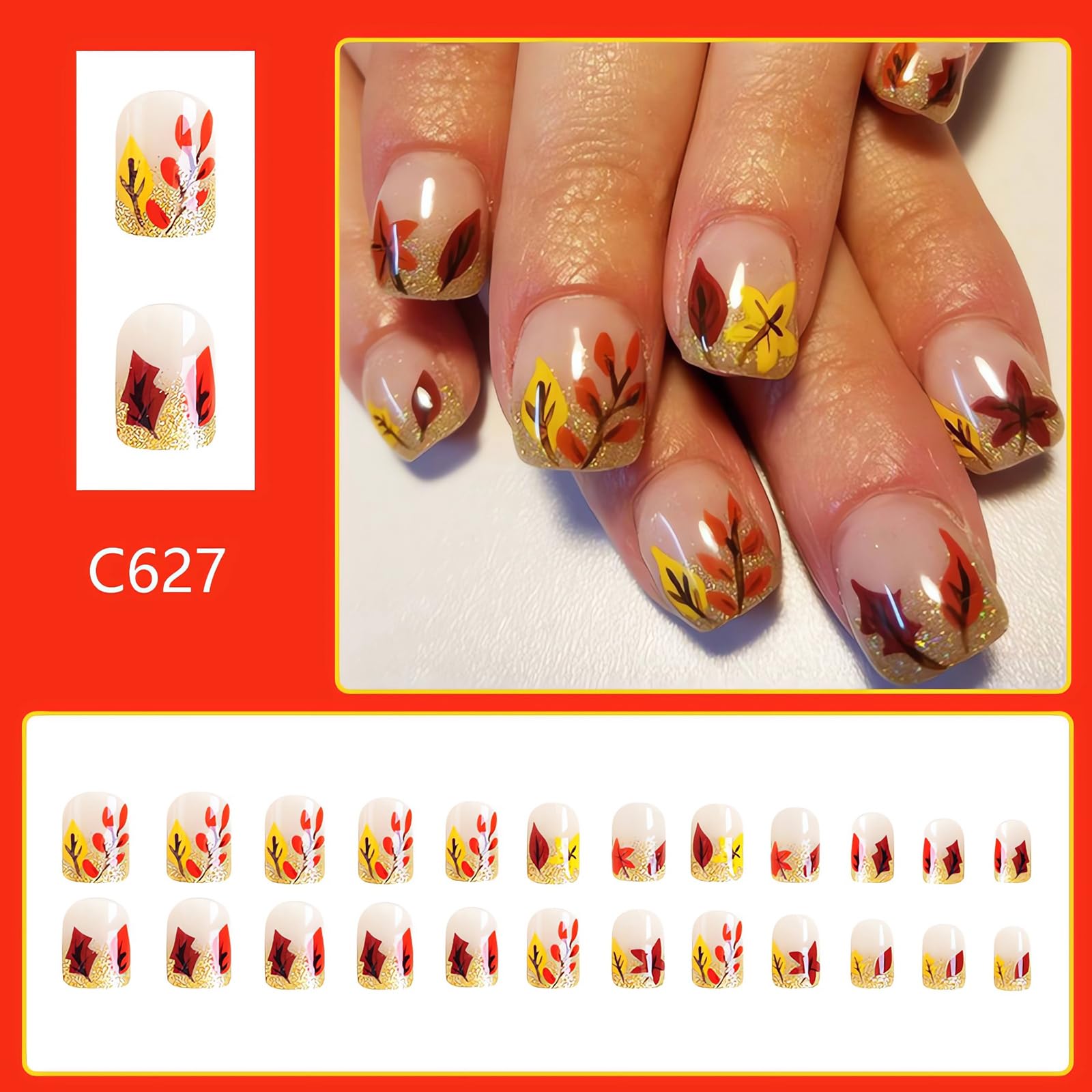 Maple Leaf Press on Nails - Short Square Fake Nails with Glossy Gold Glitter | Full Cover Fall Leaves Design | Autumn Thanksgiving Nail Art Decor for Women | Perfect for Thanksgiving Parties, Halloween Costumes & Seasonal Nail Fashion