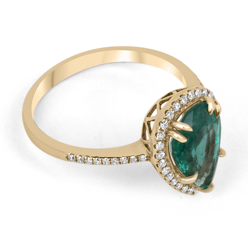 2.23tcw 14K Gold Pear Cut Emerald & Diamond Halo Engagement Ring - Dark Bluish Green Gemstone for Wedding, Proposal & Anniversary Gifts