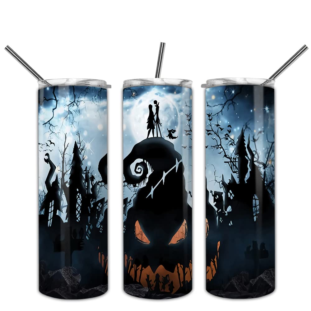 Nightmare Before Christmas Skinny Tumbler 20oz - Insulated Stainless Steel Travel Mug with Lid - Perfect Gift for Couples, Wife, Husband & Movie Lovers - Great for Coffee, Tea & Hot/Cold Drinks at Home, Office or Travel