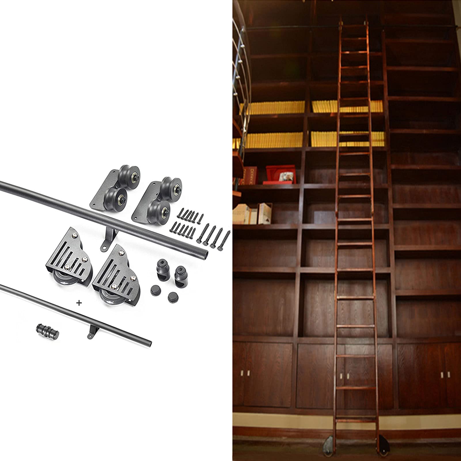 Black Steel Round Tube Sliding Barn Door Hardware Kit 3.3ft-20ft - Heavy Duty Rolling Ladder Track System for Library, Loft, Home & Indoor Use - Perfect for Bookshelf Access, Attic Storage & Space-Saving Solutions