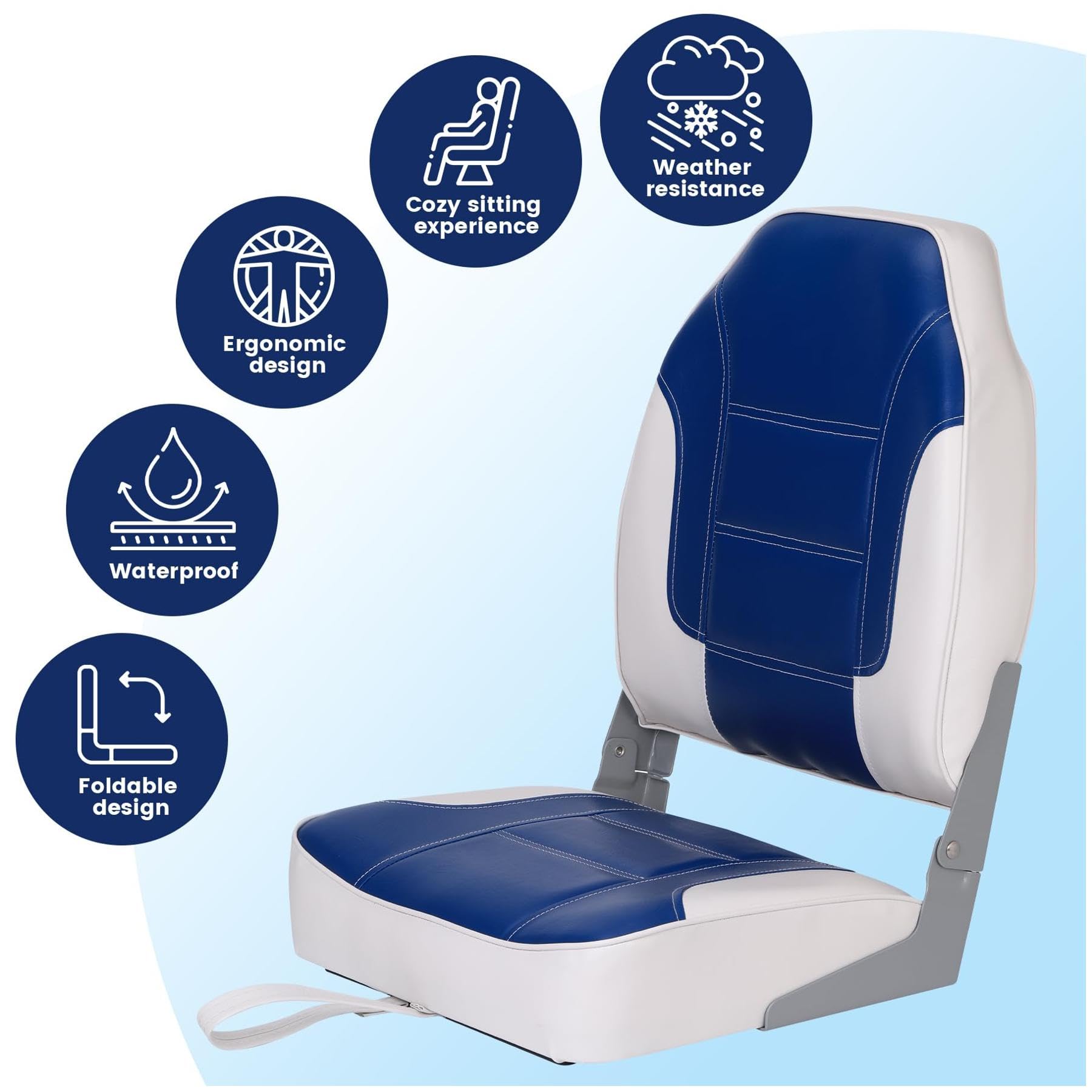 GARVEE 2 Pack High Back Folding Boat Seats with Thickened Sponge Padding - Weather Resistant PVC & Aluminum Hinges - Blue/White - Perfect for Fishing, Speedboat, Canoe & Marine Activities