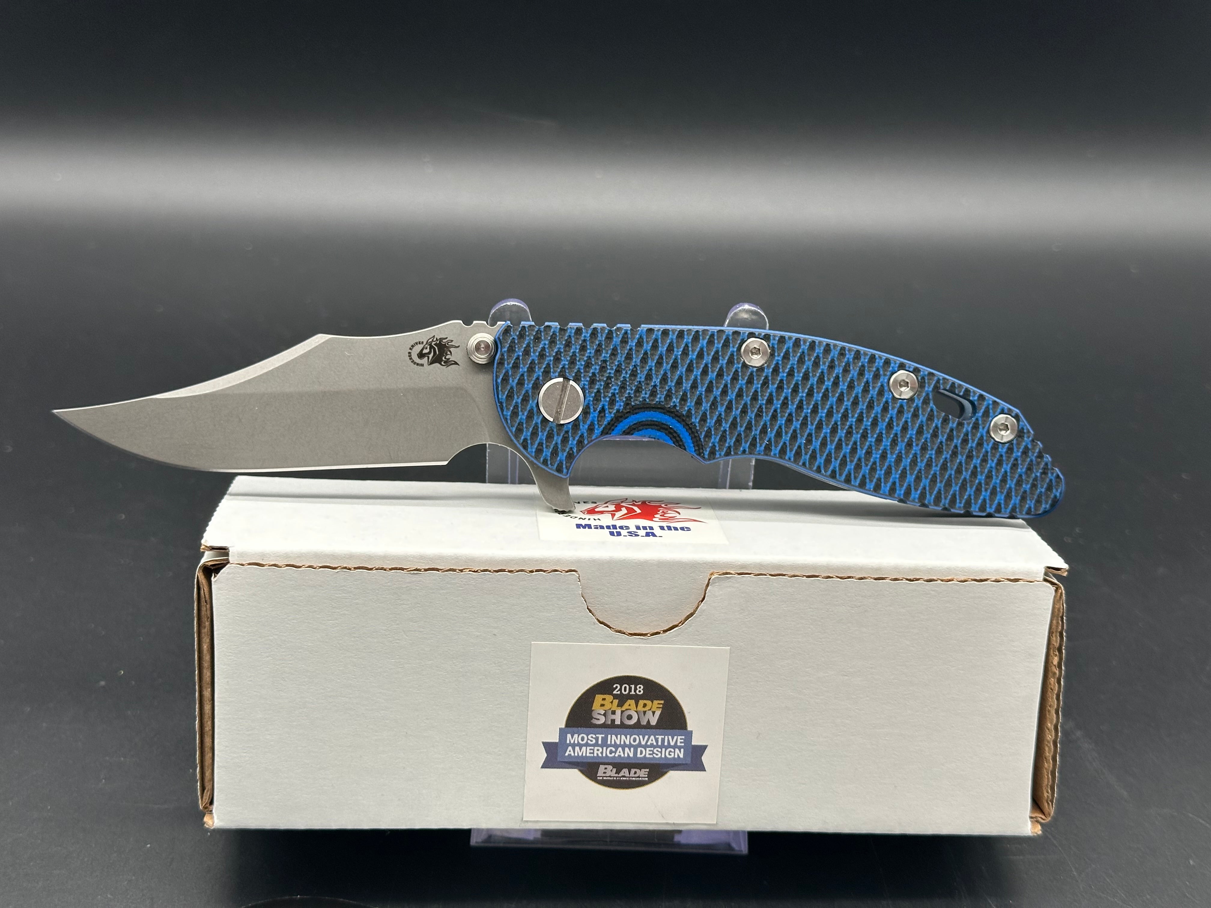 Hinder XM-18 Bowie Flipper Knife - Working Finish Battle Blue Titanium Blade - EDC, Outdoor Camping & Survival Gear