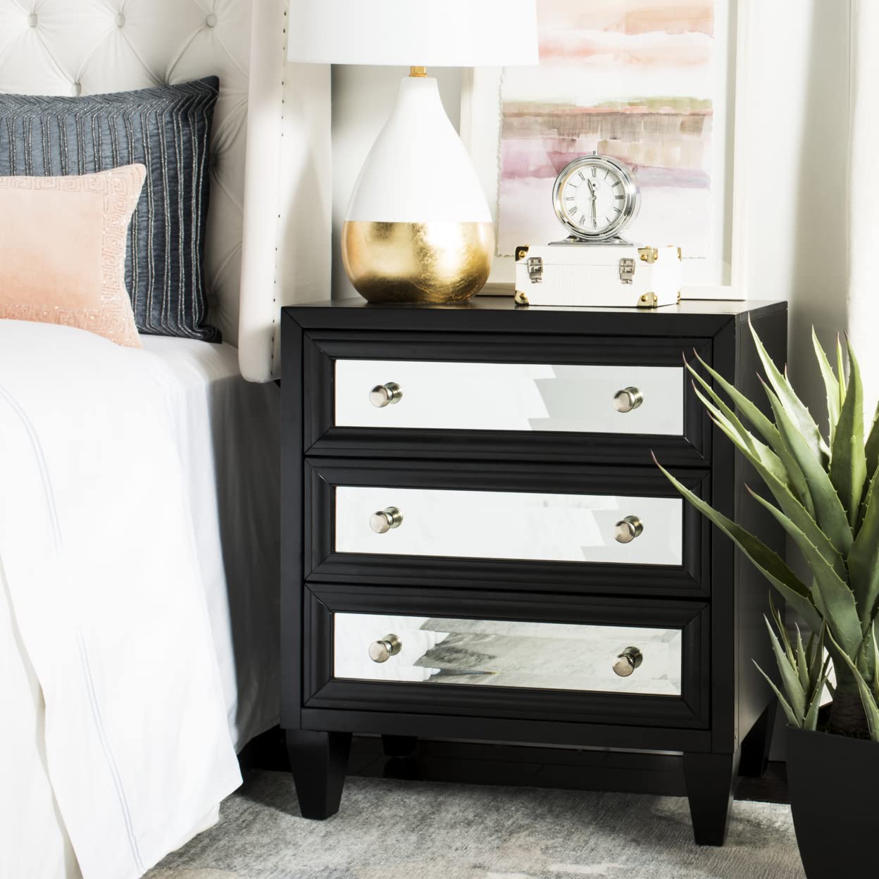 Safavieh Home Marlon Black Mirrored 3-Drawer Chest Dresser - Stylish Bedroom Storage Furniture for Modern Home Decor & Organization