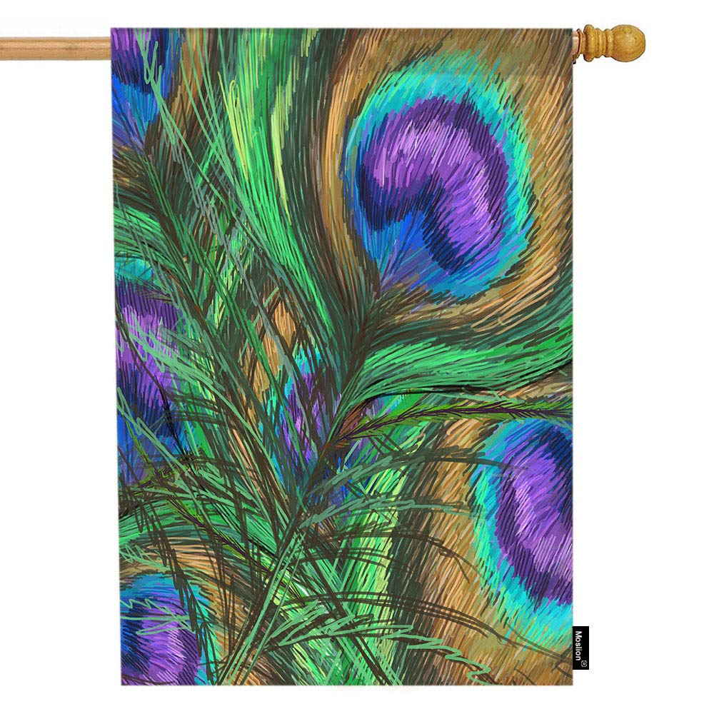28x40 Inch Peacock Feather House Flag - Colorful Digital Print, Shiny Green & Purple, Double-Sided Cotton Linen Outdoor Decoration - Perfect for Summer Porch, Garden, and Patio Decor