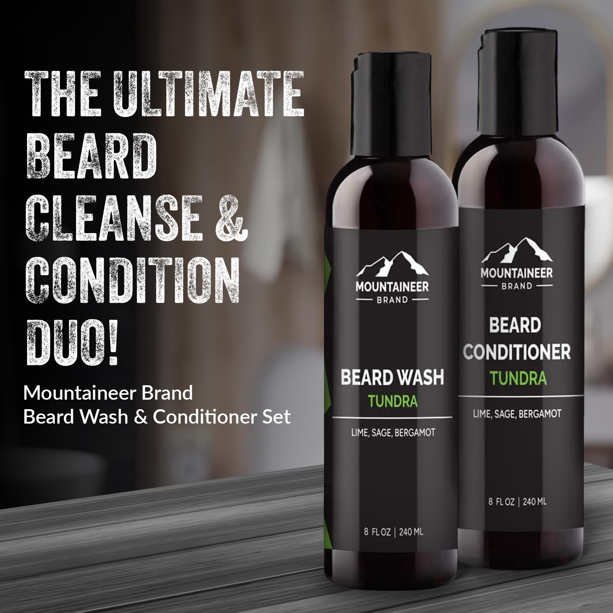 Mountaineer Brand Basic Beard Bundle - Beard Wash & Conditioner Set for Men | Deep Cleansing Beard Shampoo & Hydrating Conditioner | Softens & Nourishes Facial Hair | Lime & Sage Scented (2 x 8oz) | Perfect for Daily Grooming & Beard Care Routine